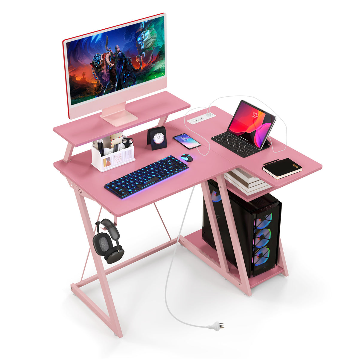L Shaped Gaming Desk with Outlets and USB Ports-Pink-Gaming Desks-DECOROLALA