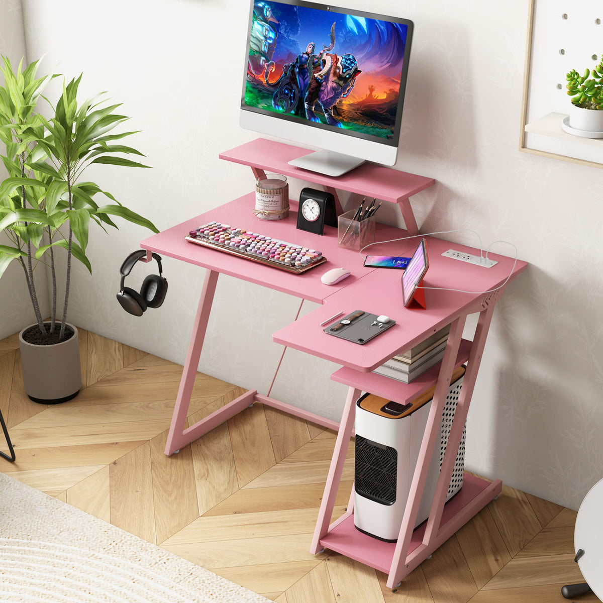 L Shaped Gaming Desk with Outlets and USB Ports-Pink-Gaming Desks-DECOROLALA