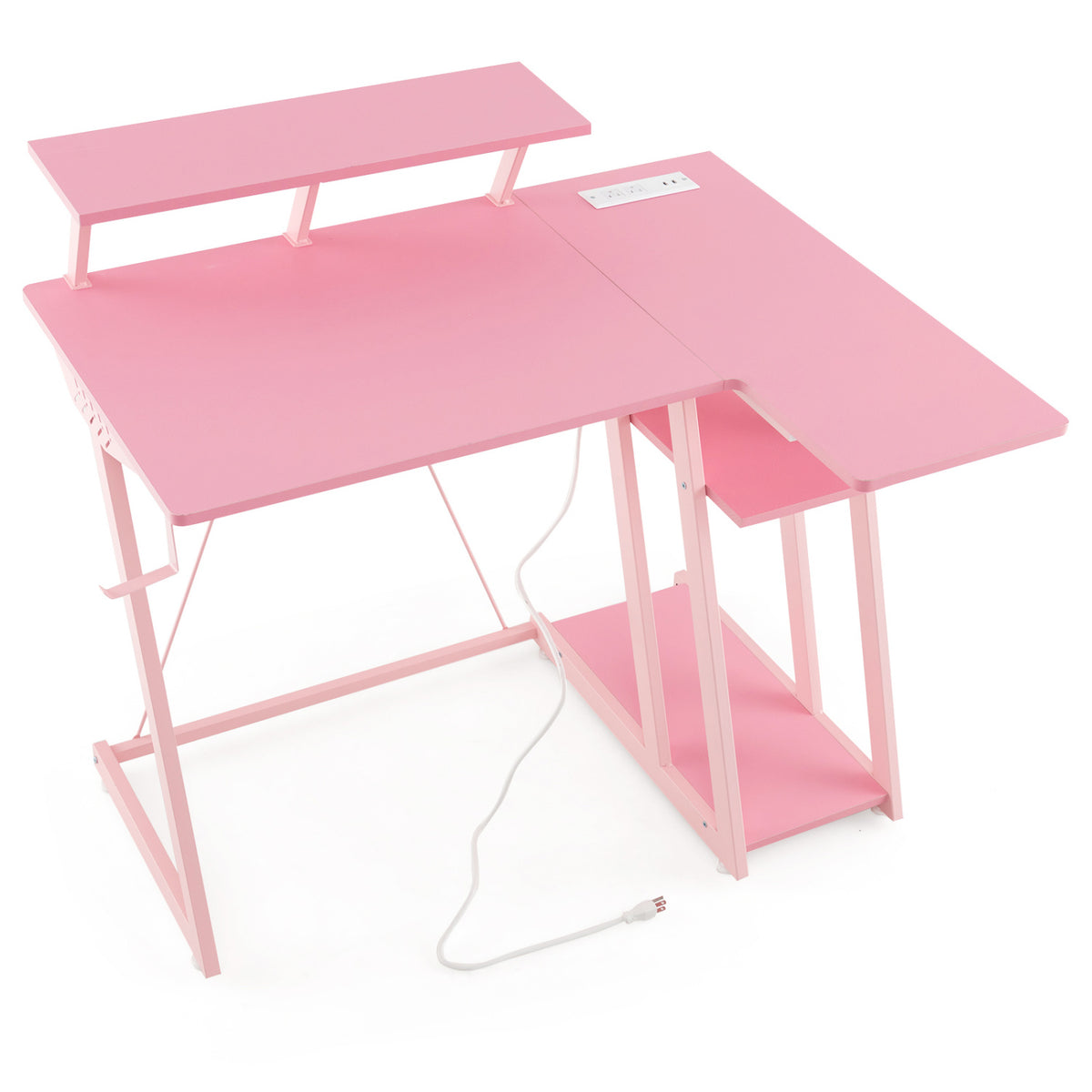 L Shaped Gaming Desk with Outlets and USB Ports-Pink-Gaming Desks-DECOROLALA