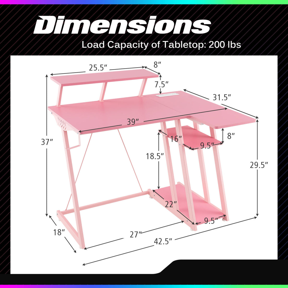 L Shaped Gaming Desk with Outlets and USB Ports-Pink-Gaming Desks-DECOROLALA