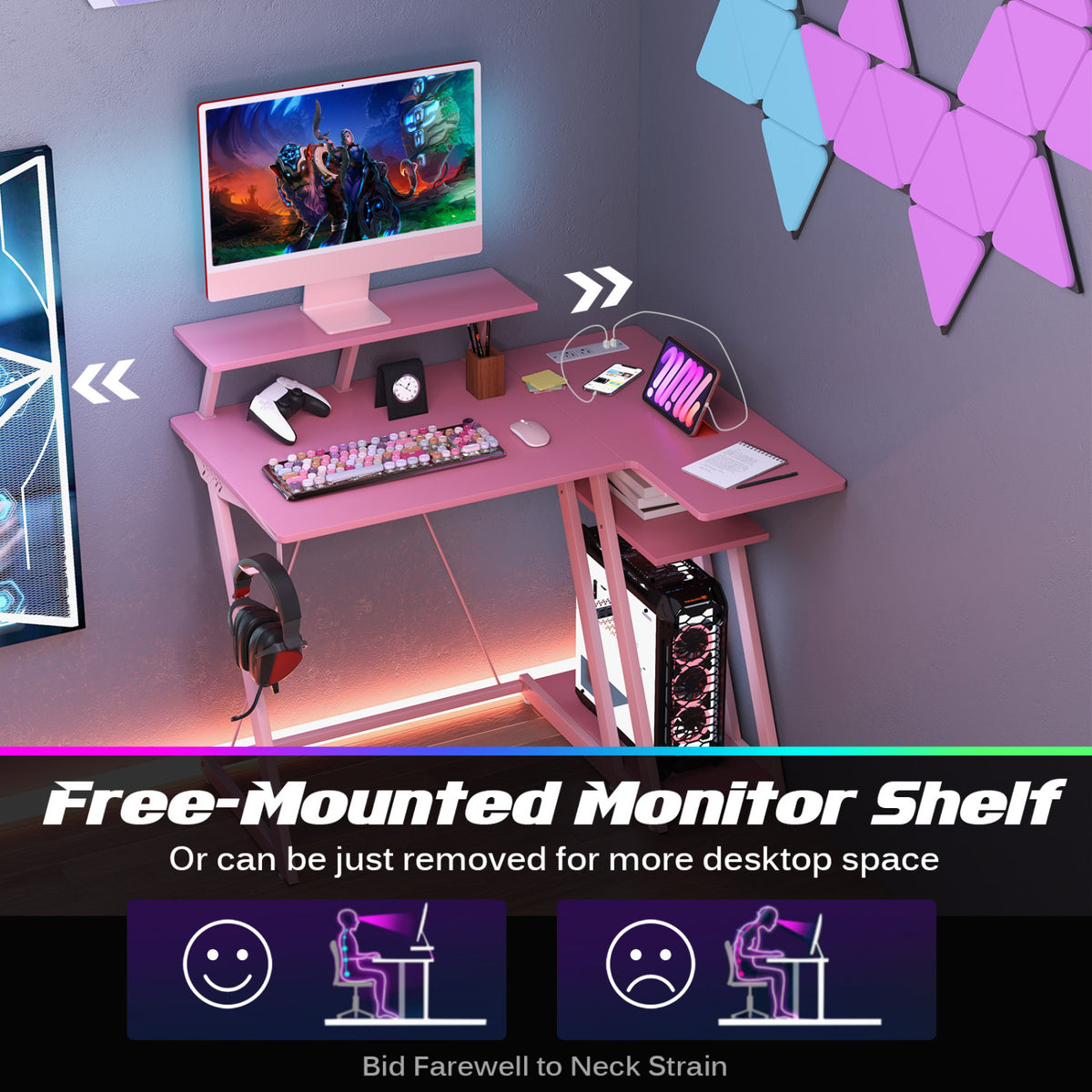 L Shaped Gaming Desk with Outlets and USB Ports-Pink-Gaming Desks-DECOROLALA