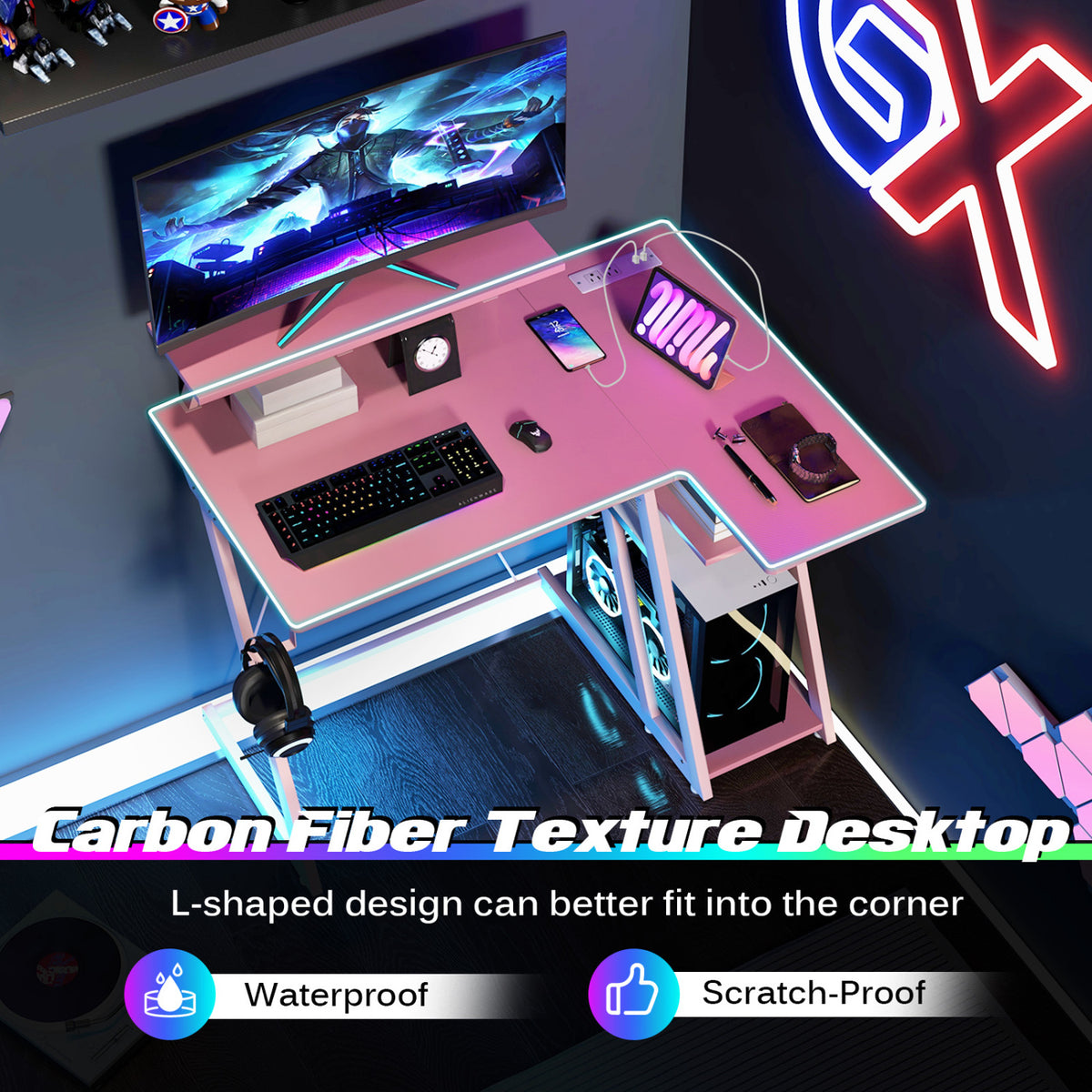 L Shaped Gaming Desk with Outlets and USB Ports-Pink-Gaming Desks-DECOROLALA