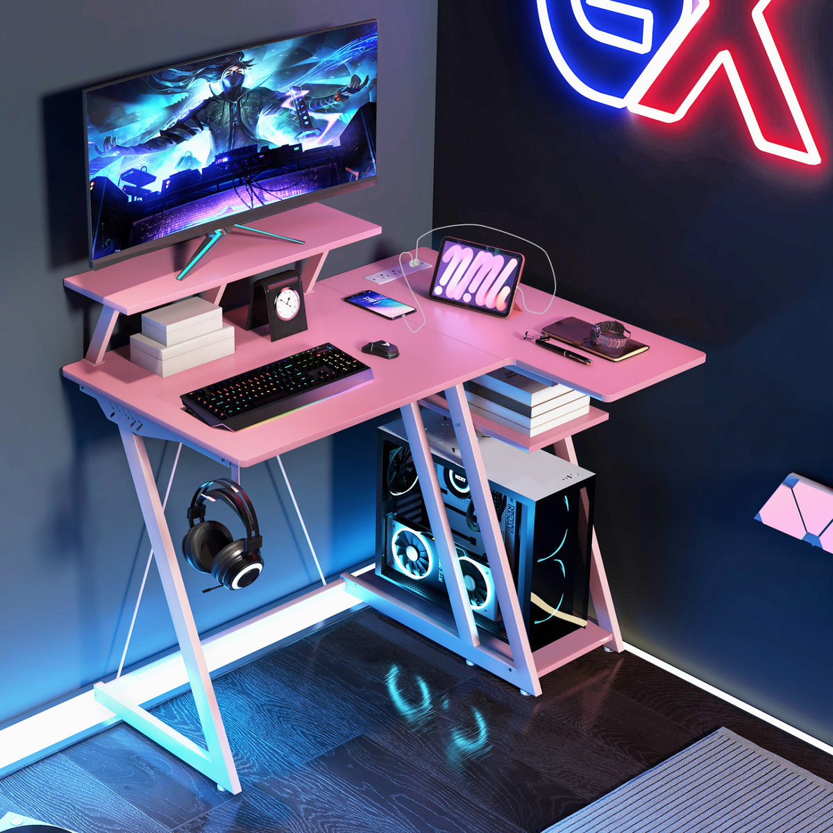 L Shaped Gaming Desk with Outlets and USB Ports-Pink-Gaming Desks-DECOROLALA