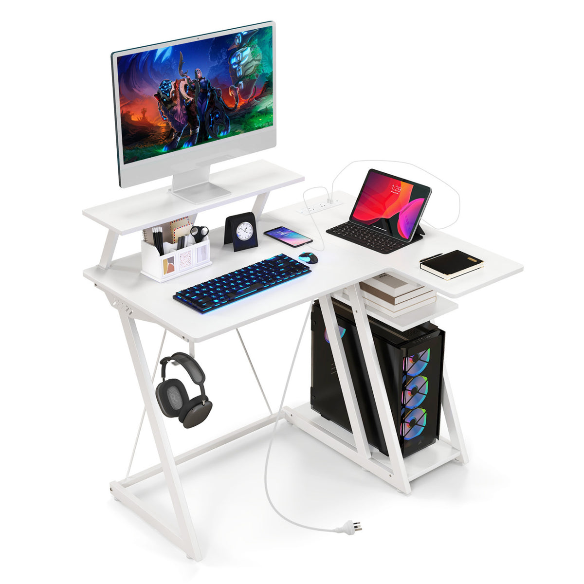 L Shaped Gaming Desk with Outlets and USB Ports-White-Gaming Desks-DECOROLALA