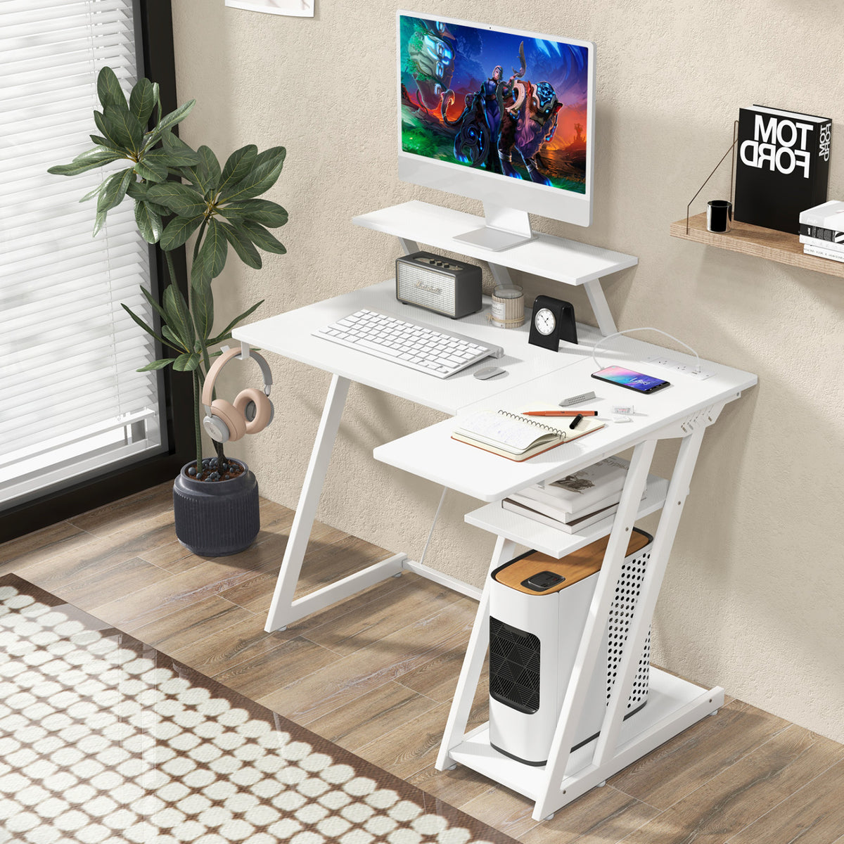 L Shaped Gaming Desk with Outlets and USB Ports-White-Gaming Desks-DECOROLALA