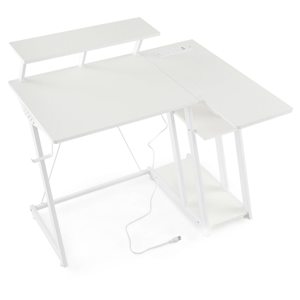 L Shaped Gaming Desk with Outlets and USB Ports-White-Gaming Desks-DECOROLALA