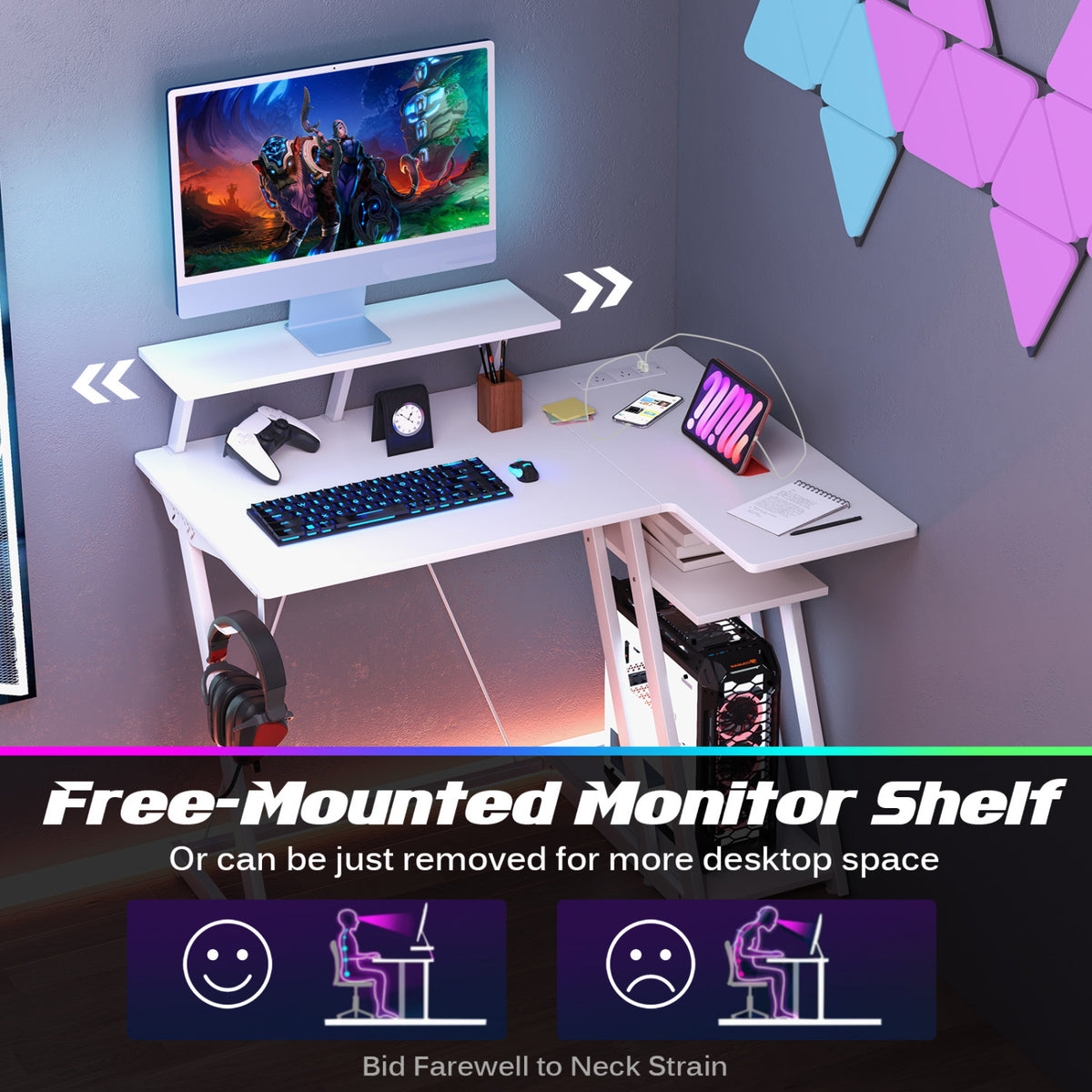 L Shaped Gaming Desk with Outlets and USB Ports-White-Gaming Desks-DECOROLALA