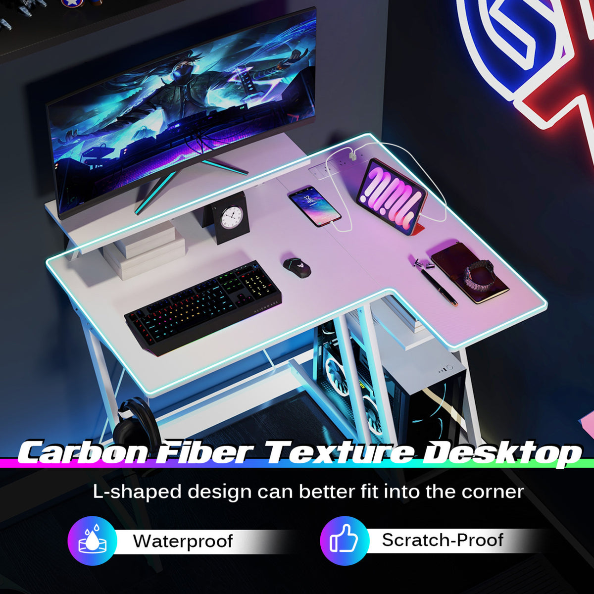 L Shaped Gaming Desk with Outlets and USB Ports-White-Gaming Desks-DECOROLALA