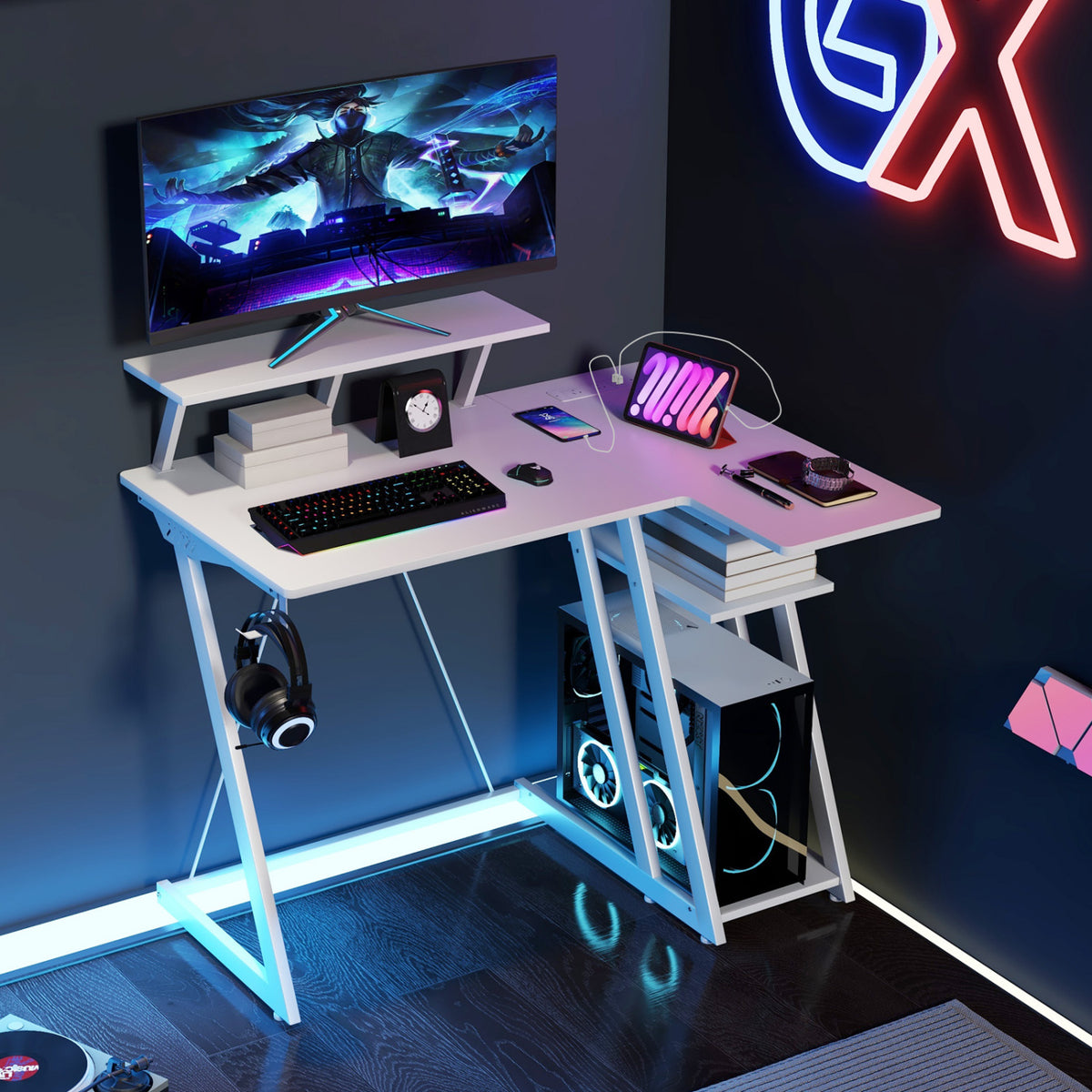 L Shaped Gaming Desk with Outlets and USB Ports-White-Gaming Desks-DECOROLALA