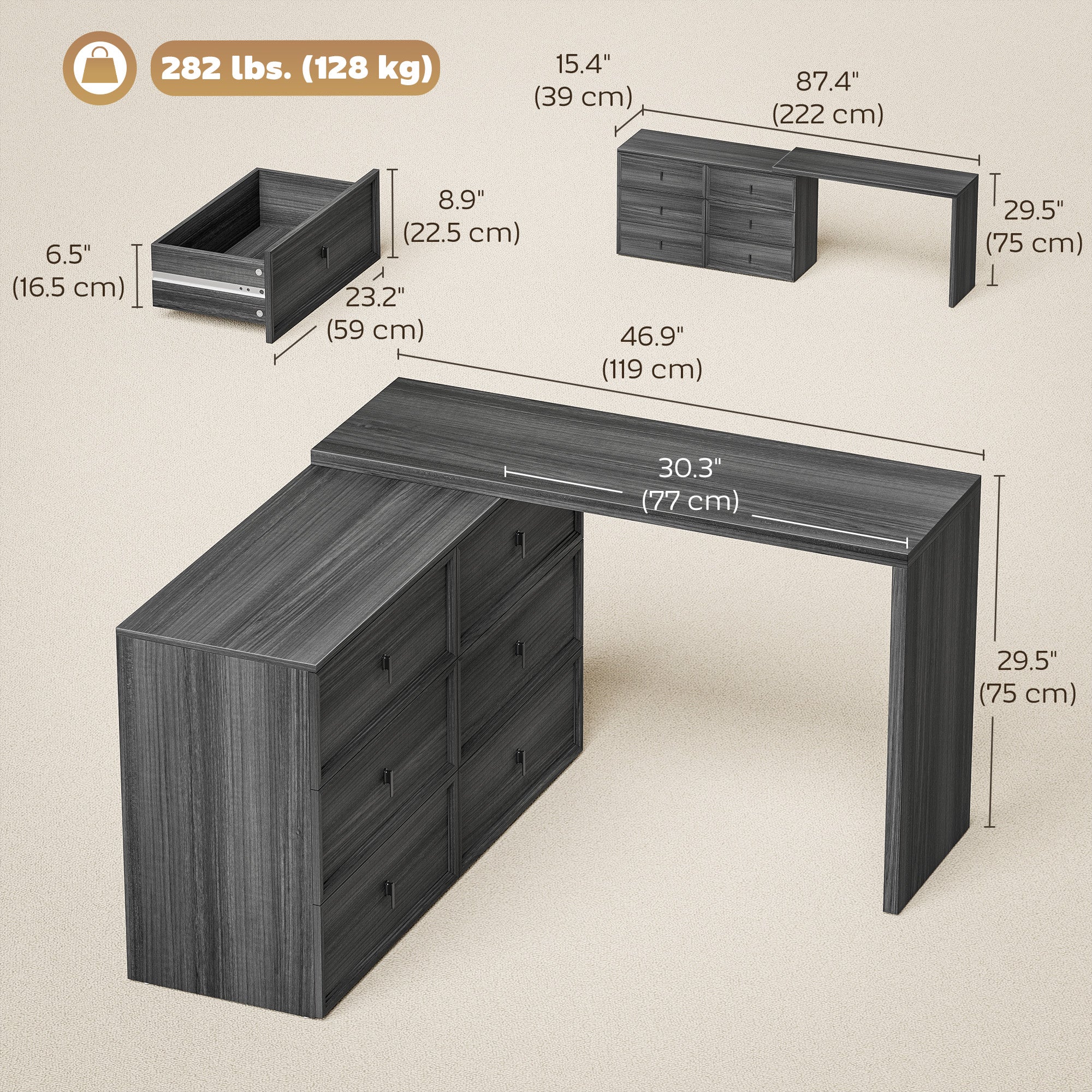 L-Shaped Reversible Computer Desk - 6 Drawers Black Wood Grain-DECOROLALA