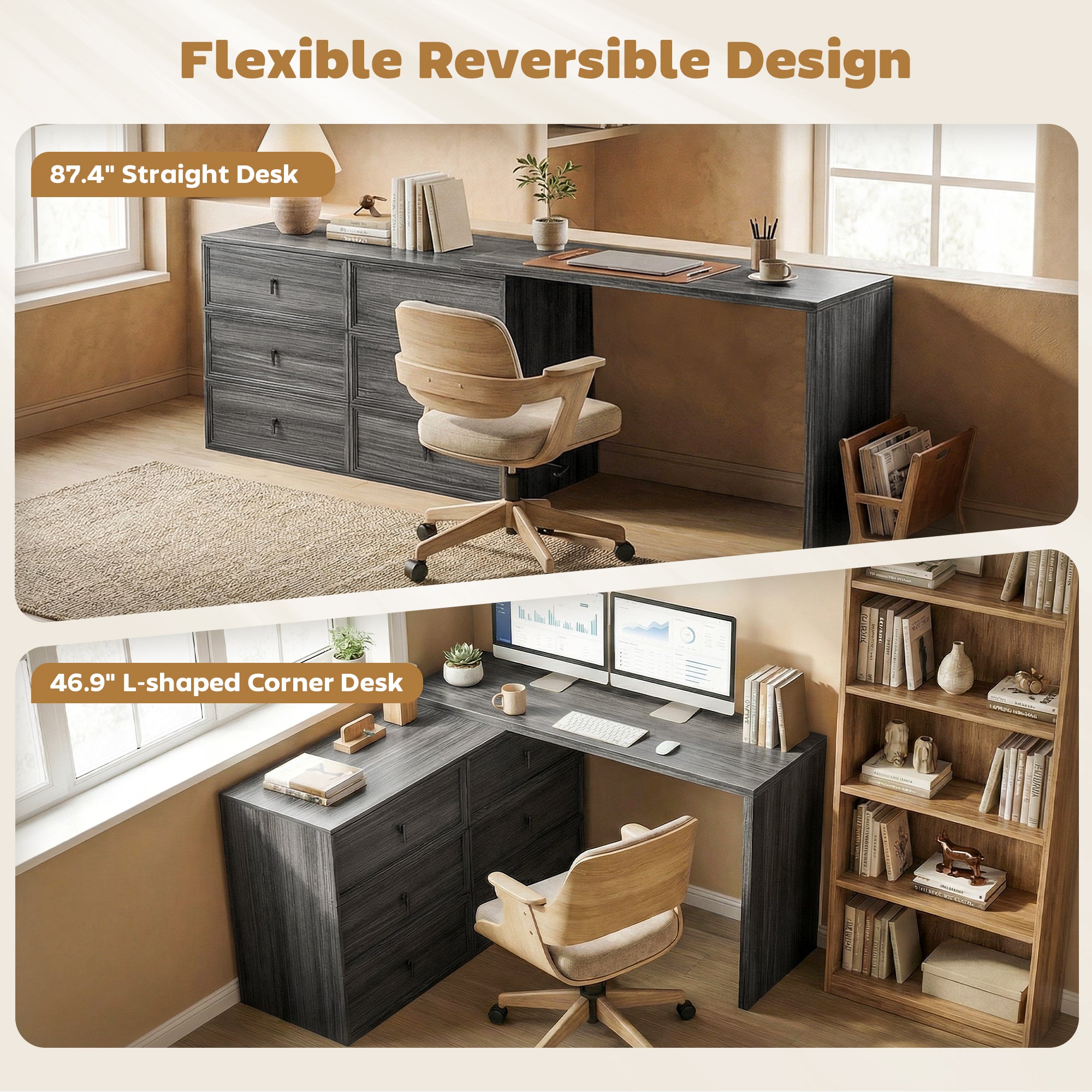 L-Shaped Reversible Computer Desk - 6 Drawers Black Wood Grain-DECOROLALA