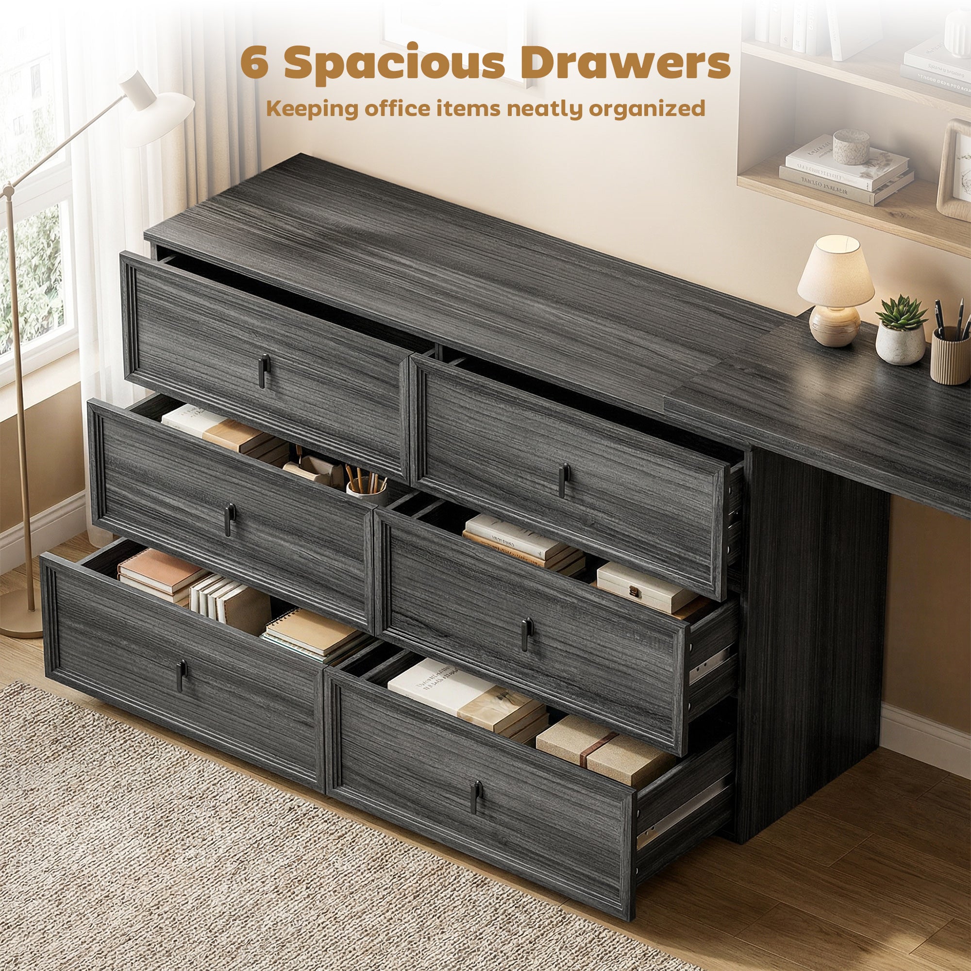L-Shaped Reversible Computer Desk - 6 Drawers Black Wood Grain-DECOROLALA