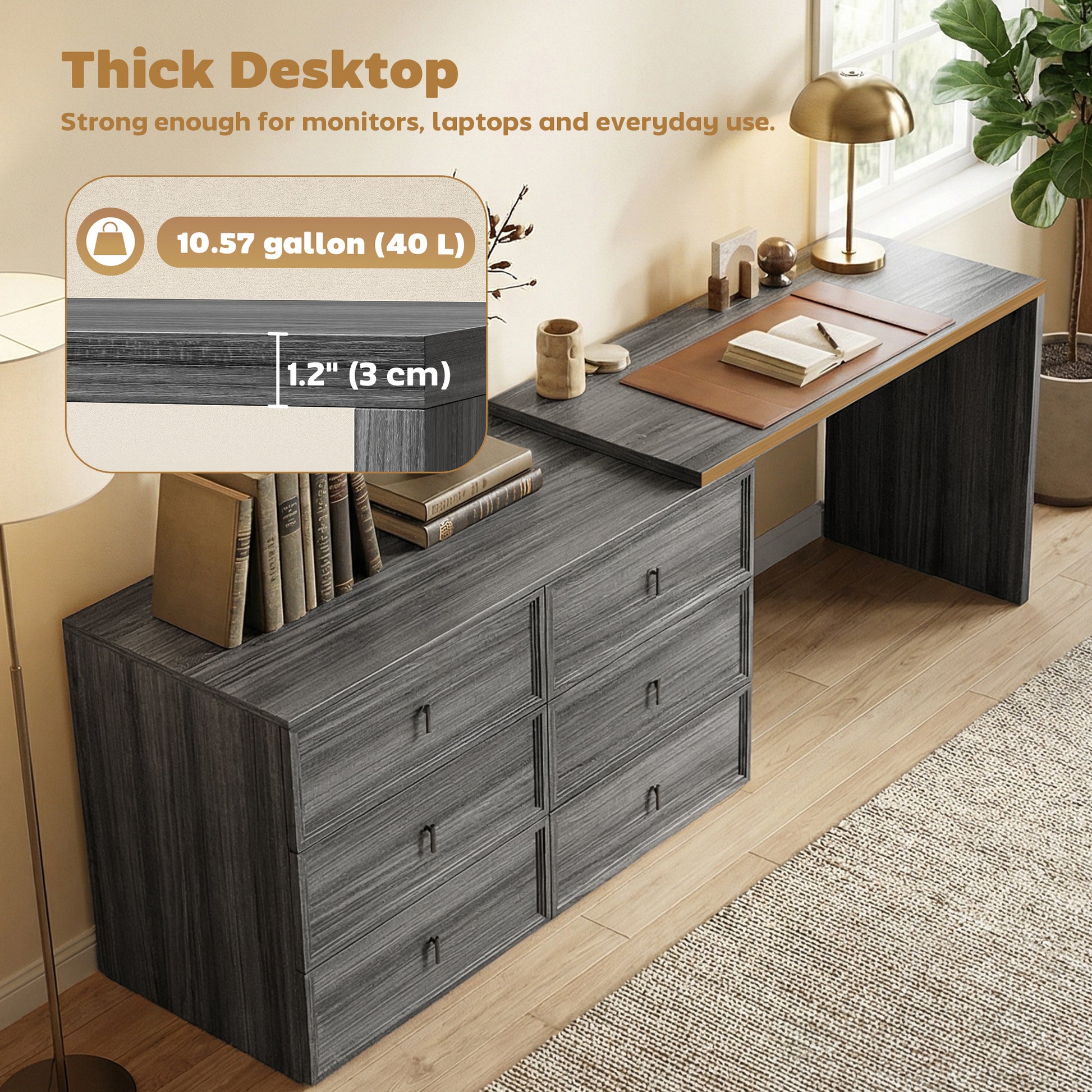 L-Shaped Reversible Computer Desk - 6 Drawers Black Wood Grain-DECOROLALA