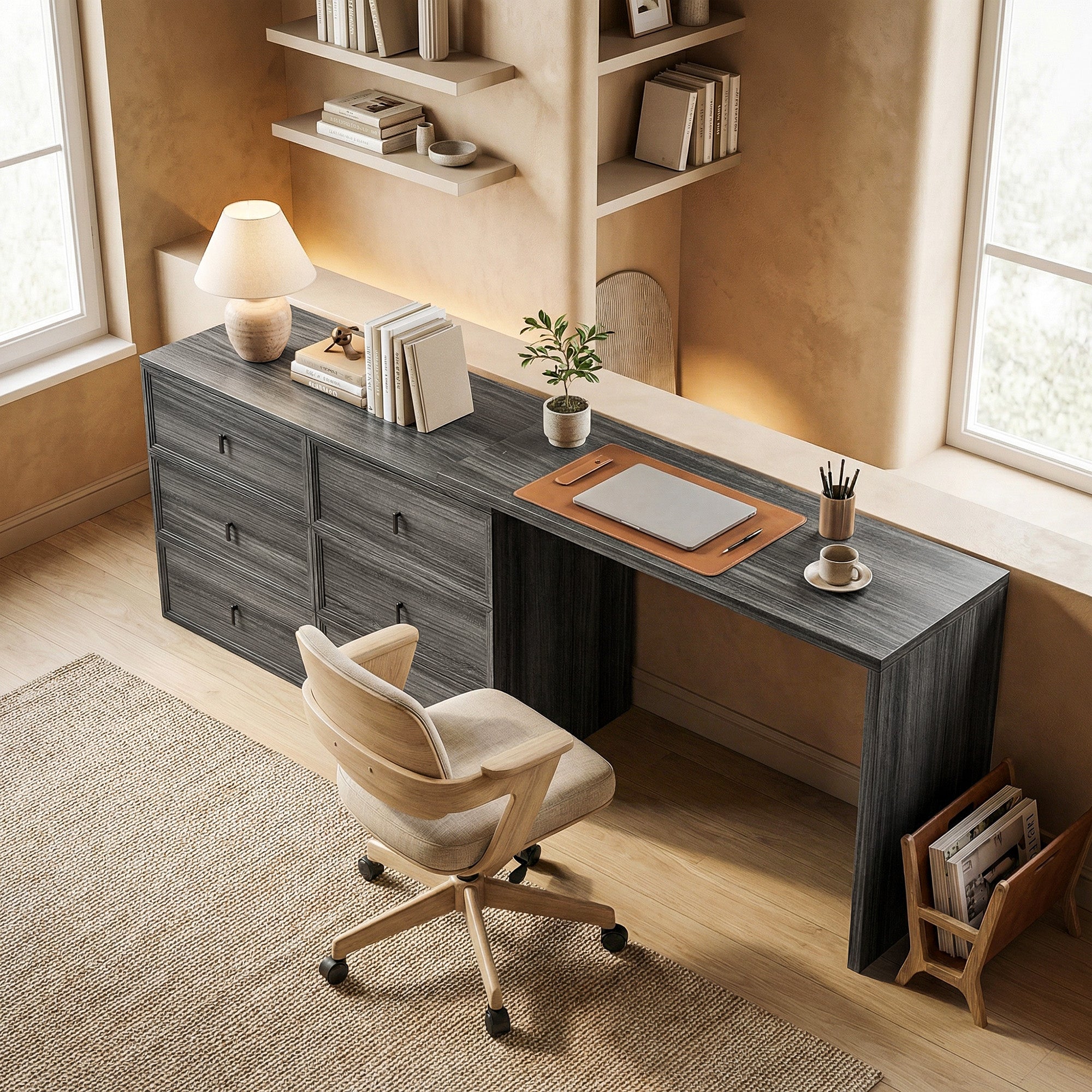 L-Shaped Reversible Computer Desk - 6 Drawers Black Wood Grain-DECOROLALA