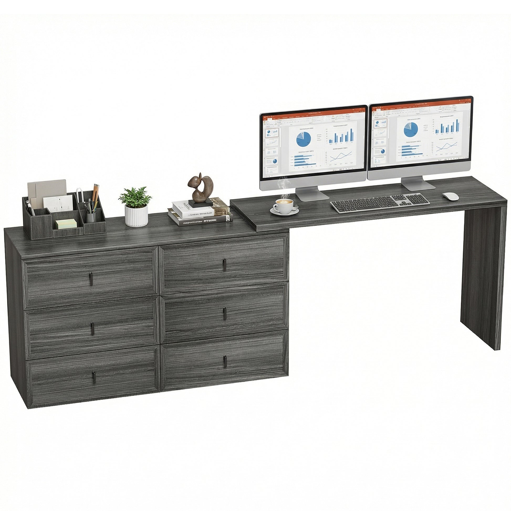 L-Shaped Reversible Computer Desk - 6 Drawers Black Wood Grain-DECOROLALA
