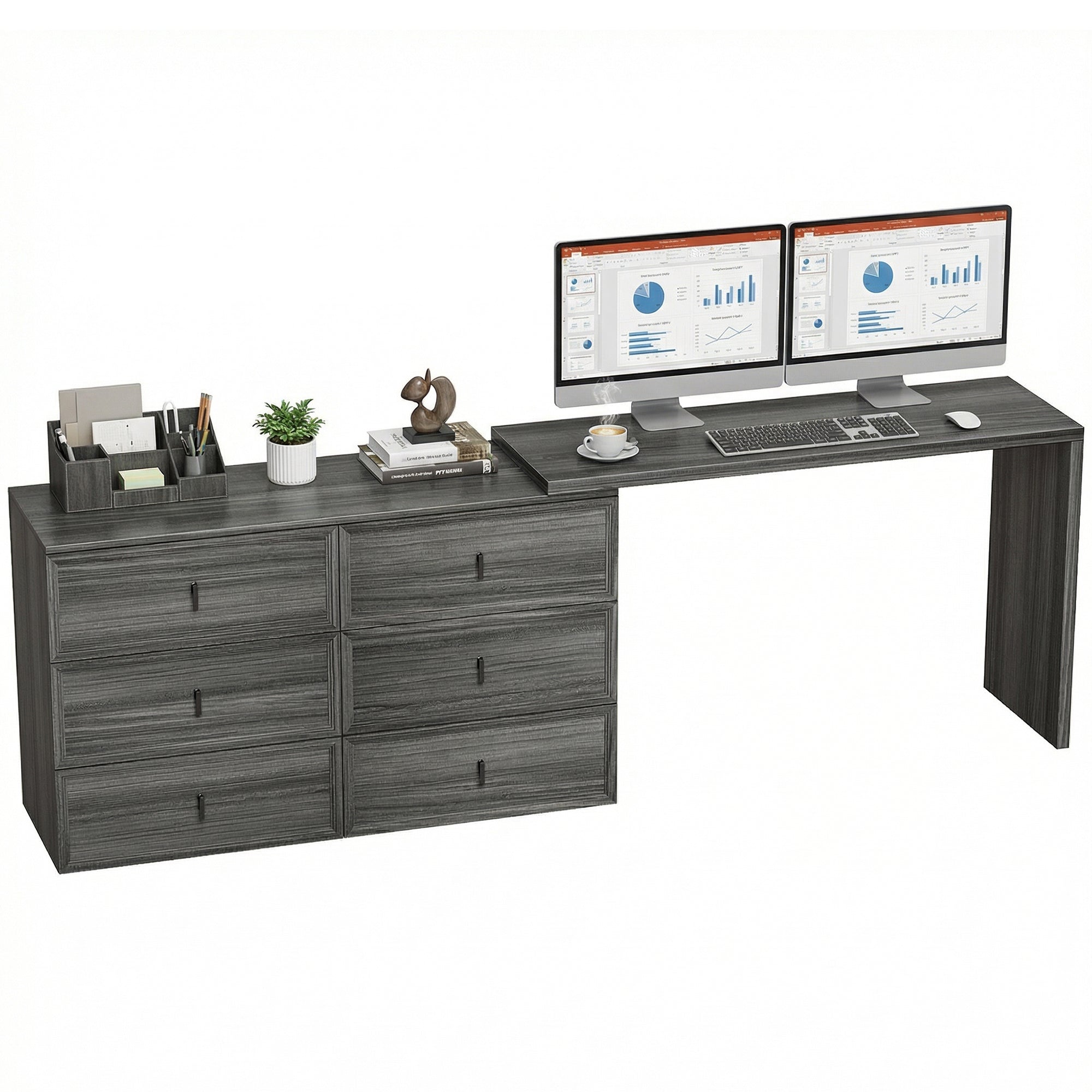 L-Shaped Reversible Computer Desk - 6 Drawers Black Wood Grain-DECOROLALA