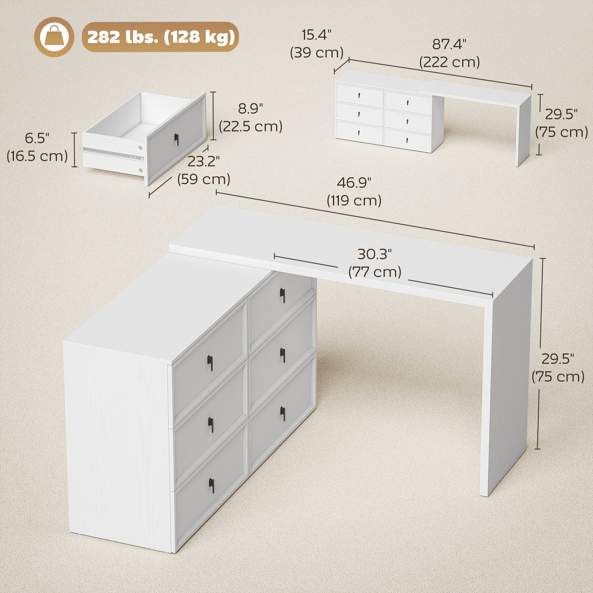 L-Shaped Reversible Computer Desk - 6 Drawers White Wood Grain-DECOROLALA