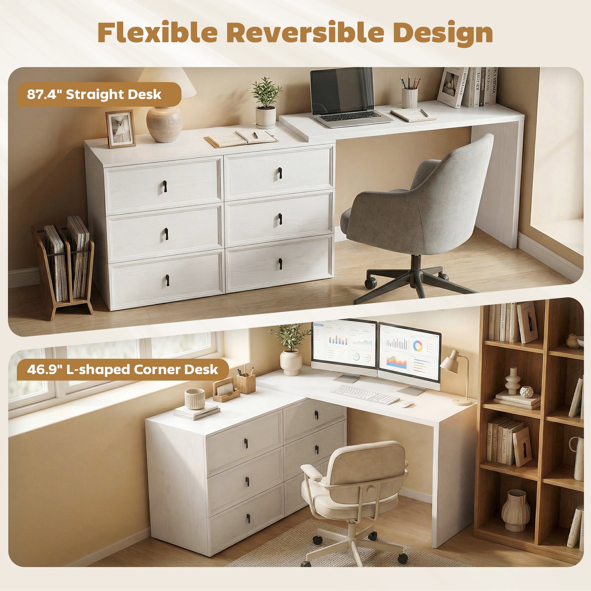 L-Shaped Reversible Computer Desk - 6 Drawers White Wood Grain-DECOROLALA