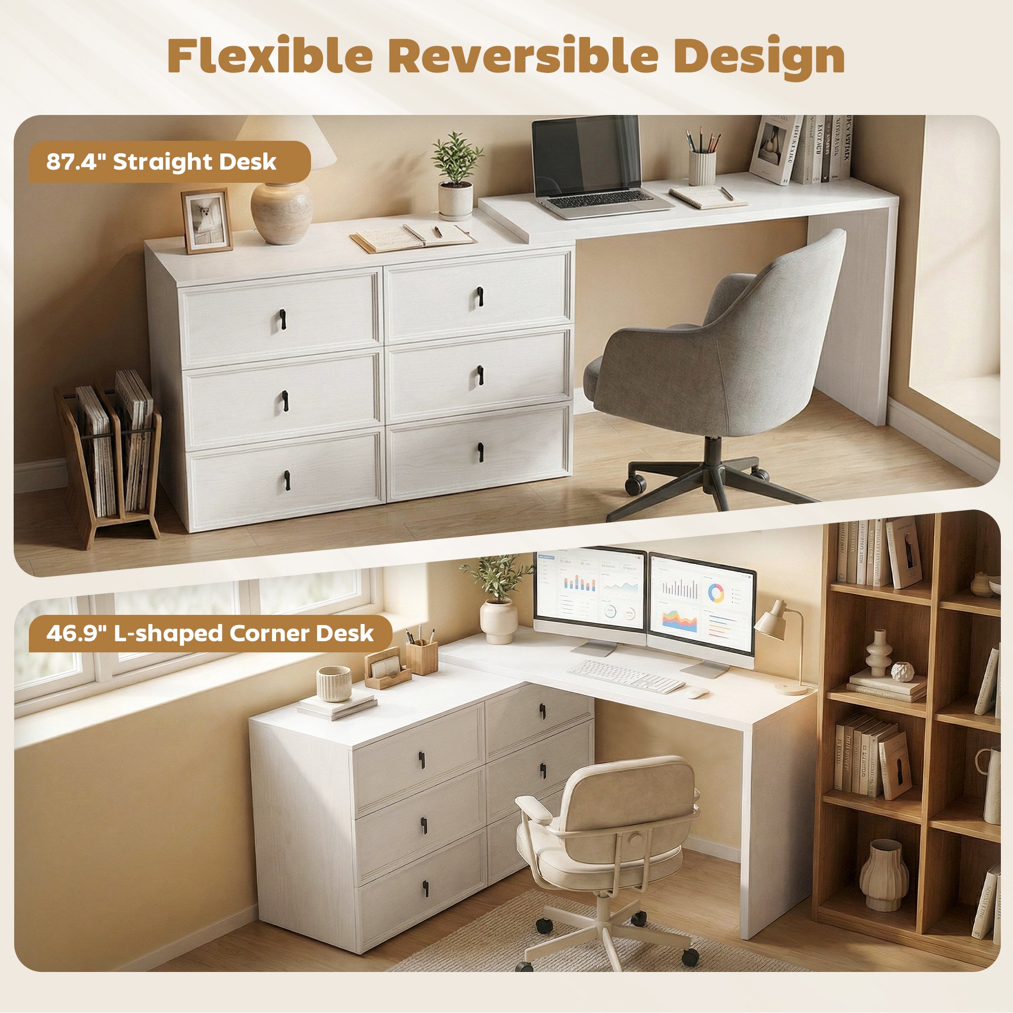 L-Shaped Reversible Computer Desk - 6 Drawers White Wood Grain-DECOROLALA