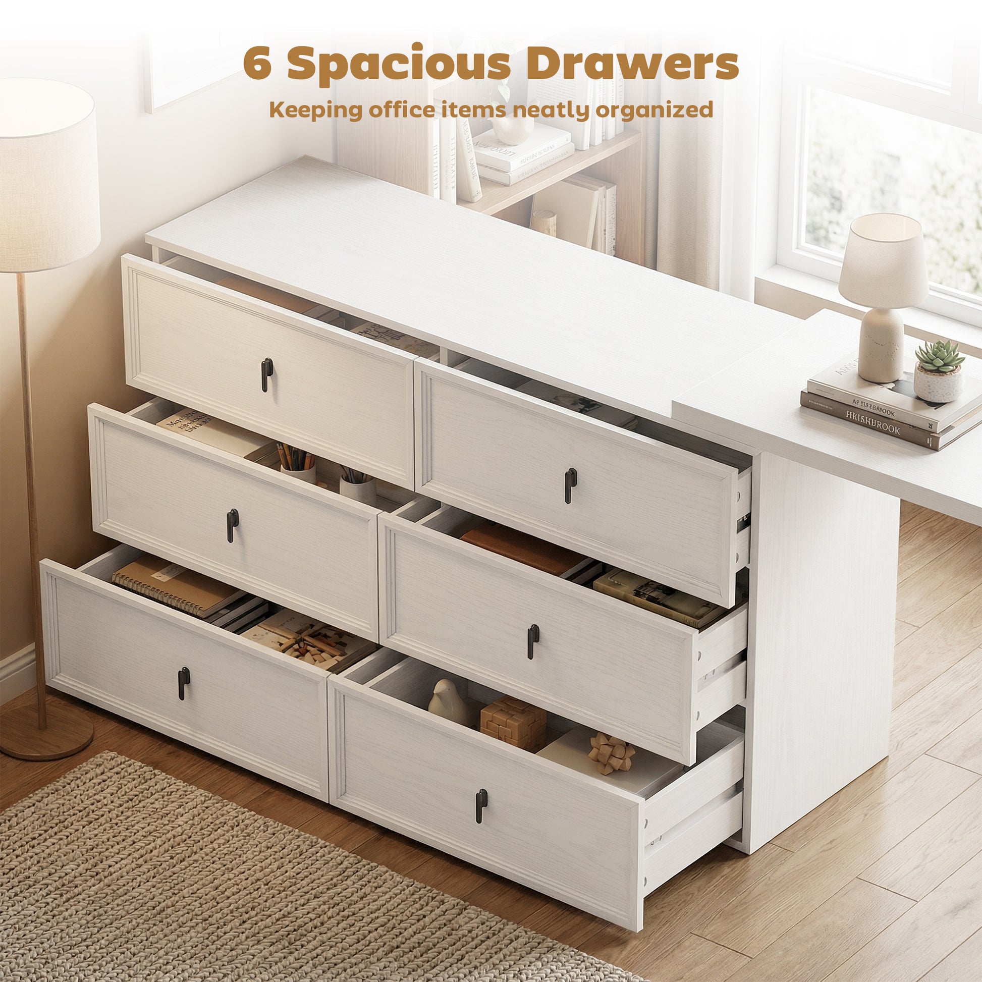 L-Shaped Reversible Computer Desk - 6 Drawers White Wood Grain-DECOROLALA