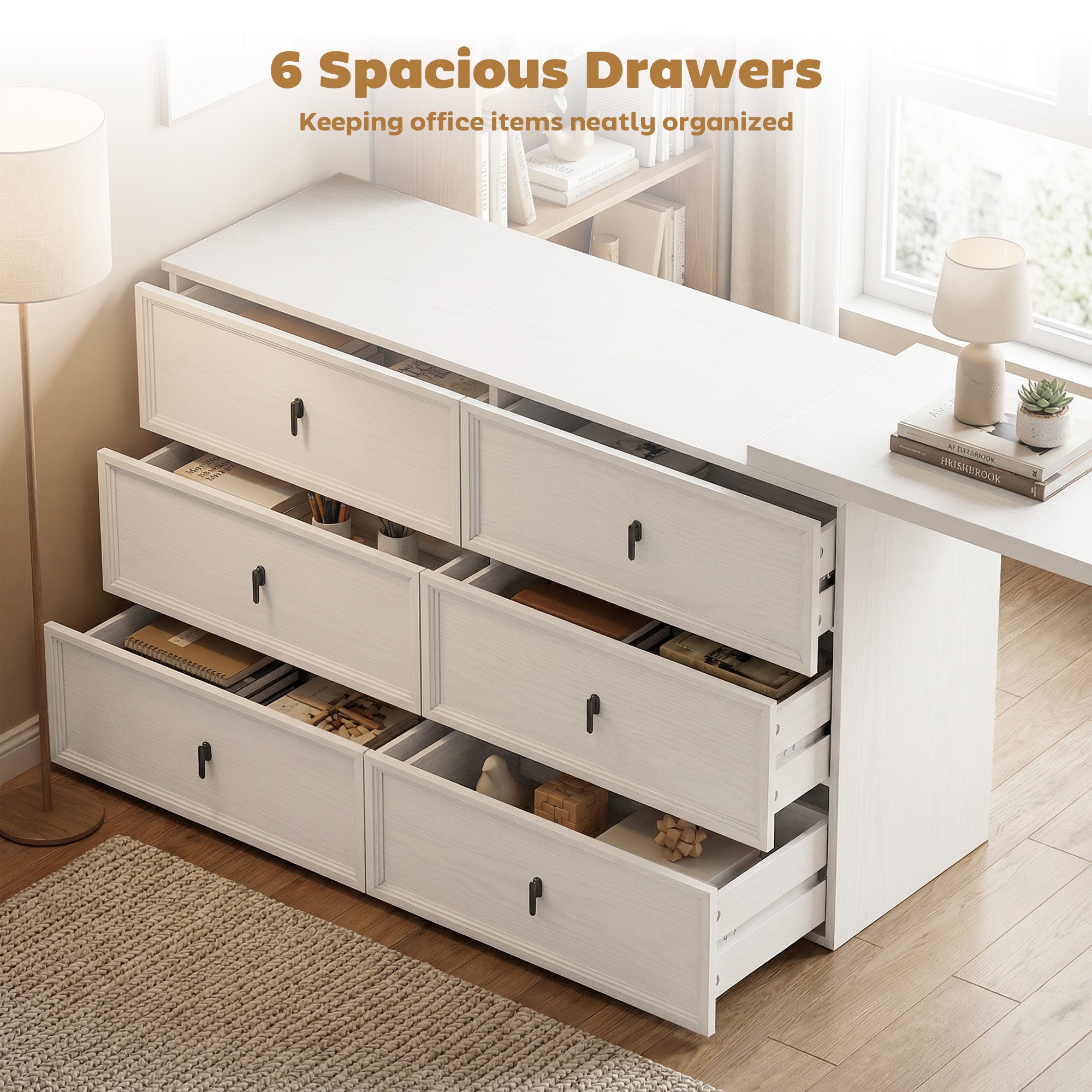 L-Shaped Reversible Computer Desk - 6 Drawers White Wood Grain-DECOROLALA