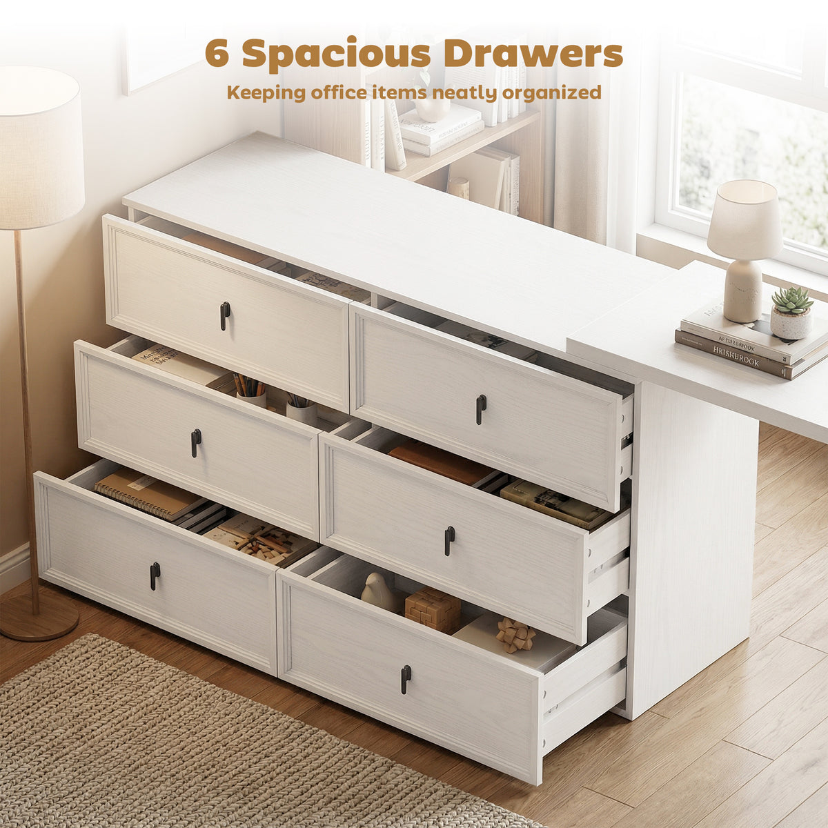 L-Shaped Reversible Computer Desk - 6 Drawers White Wood Grain-DECOROLALA