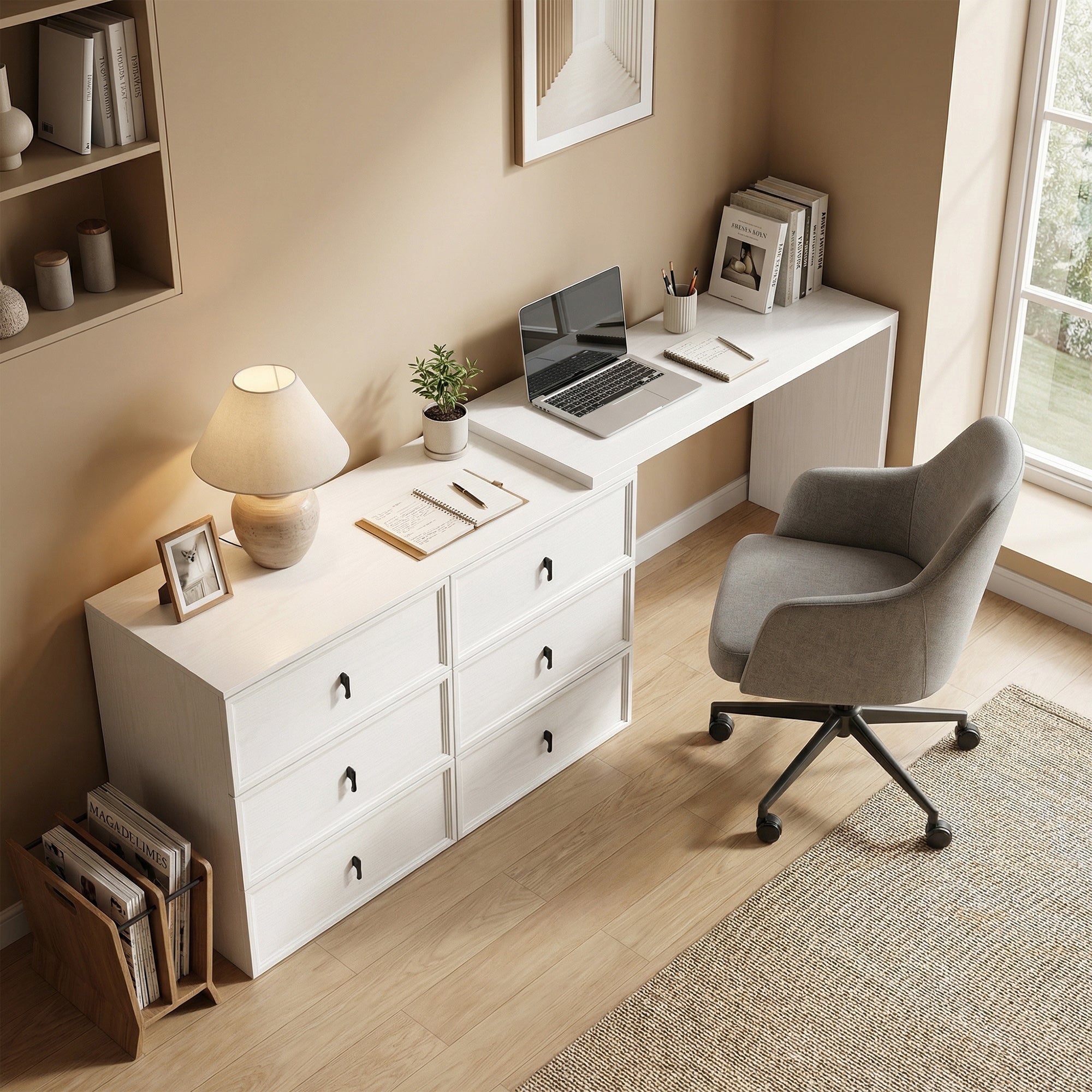 L-Shaped Reversible Computer Desk - 6 Drawers White Wood Grain-DECOROLALA