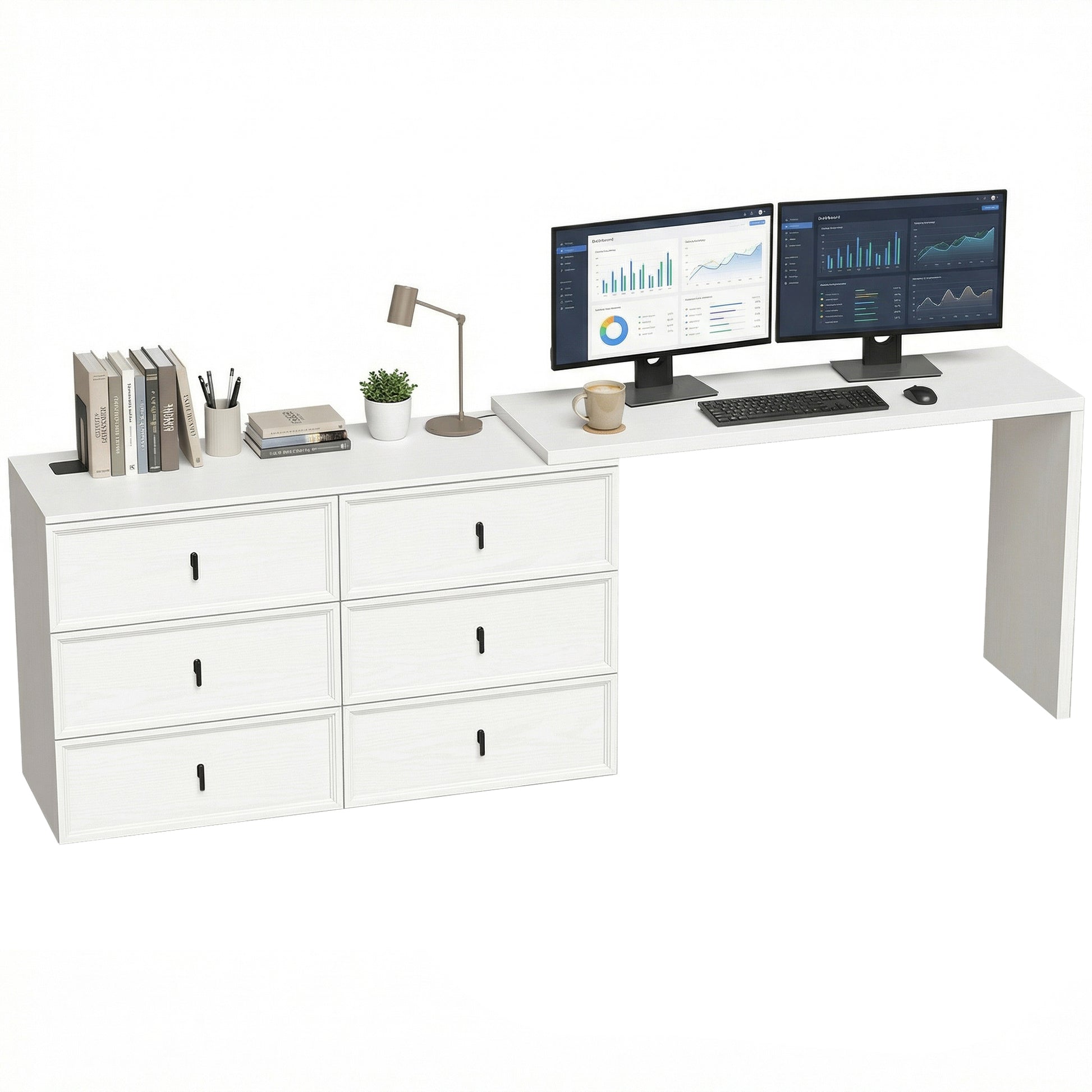 L-Shaped Reversible Computer Desk - 6 Drawers White Wood Grain-DECOROLALA