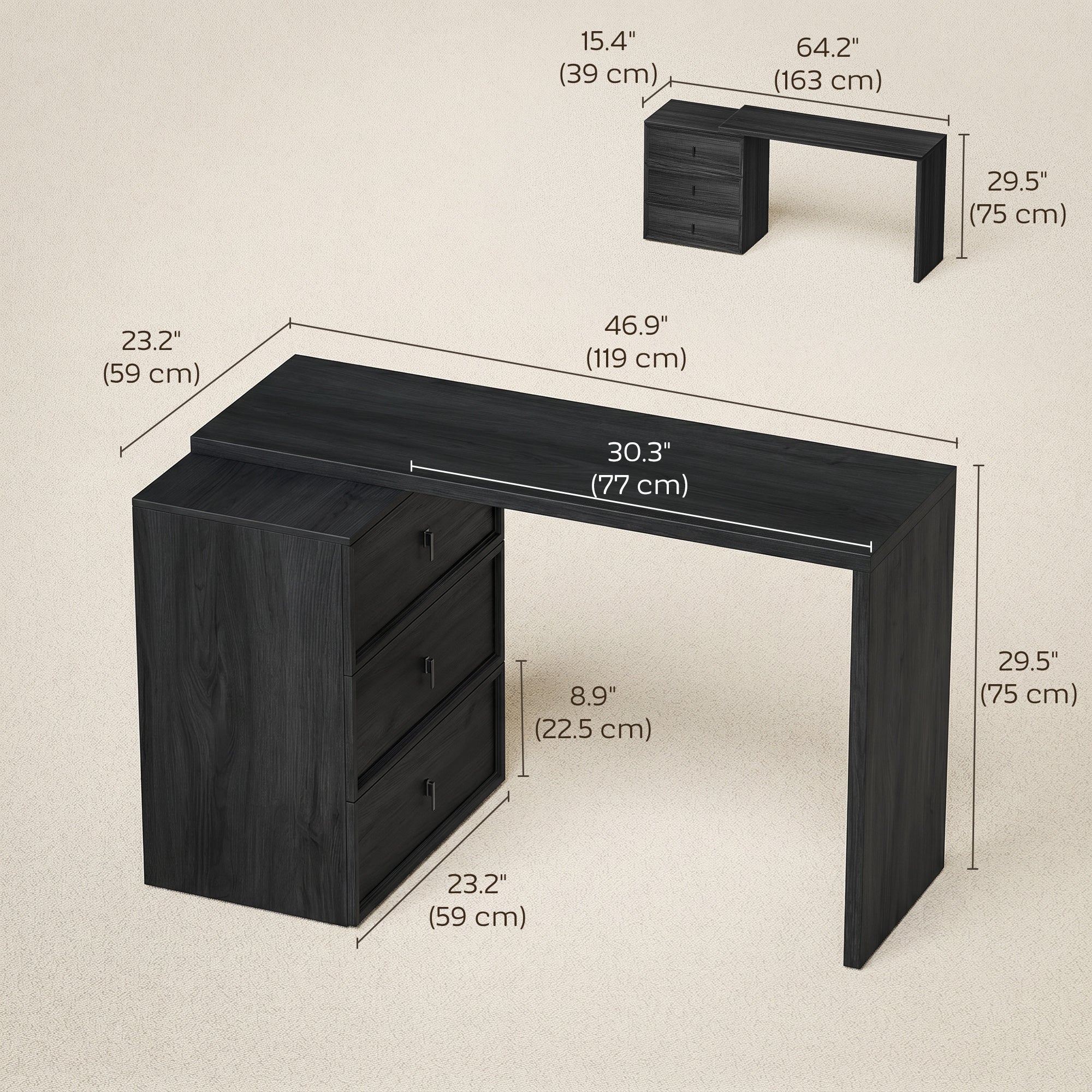 L-Shaped Reversible Computer Desk with 3 Drawers - Black-Office Products > Office Furniture > Office Desks & Work Stations > Computer Desks-DECOROLALA
