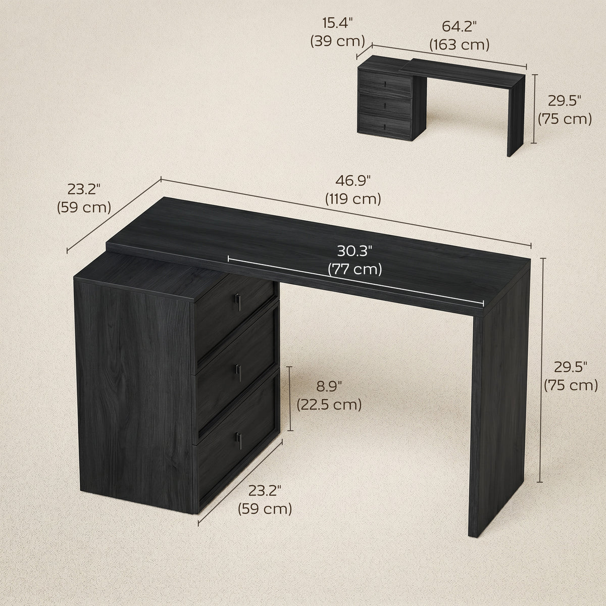 L-Shaped Reversible Computer Desk with 3 Drawers - Black-Office Products > Office Furniture > Office Desks & Work Stations > Computer Desks-DECOROLALA