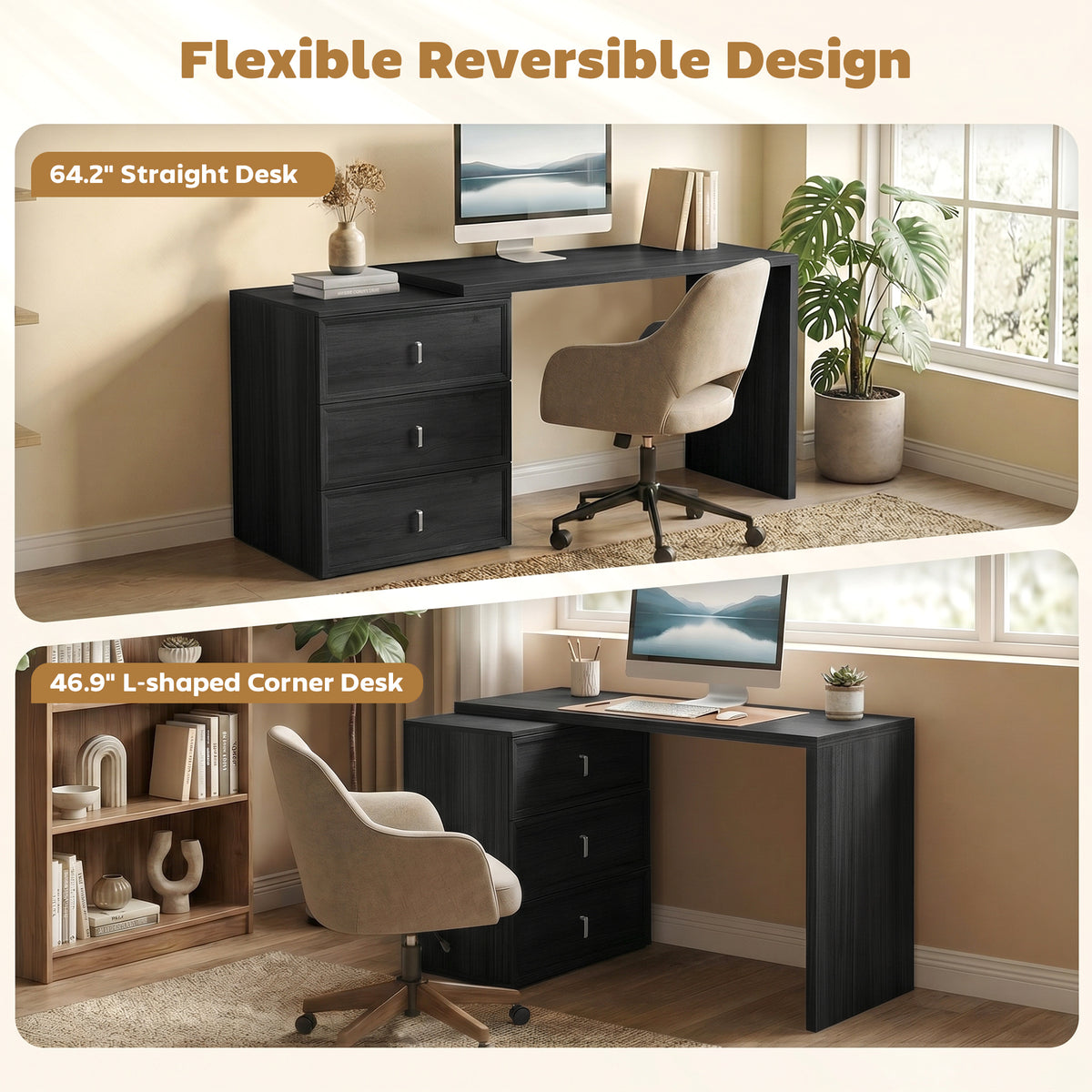 L-Shaped Reversible Computer Desk with 3 Drawers - Black-Office Products > Office Furniture > Office Desks & Work Stations > Computer Desks-DECOROLALA