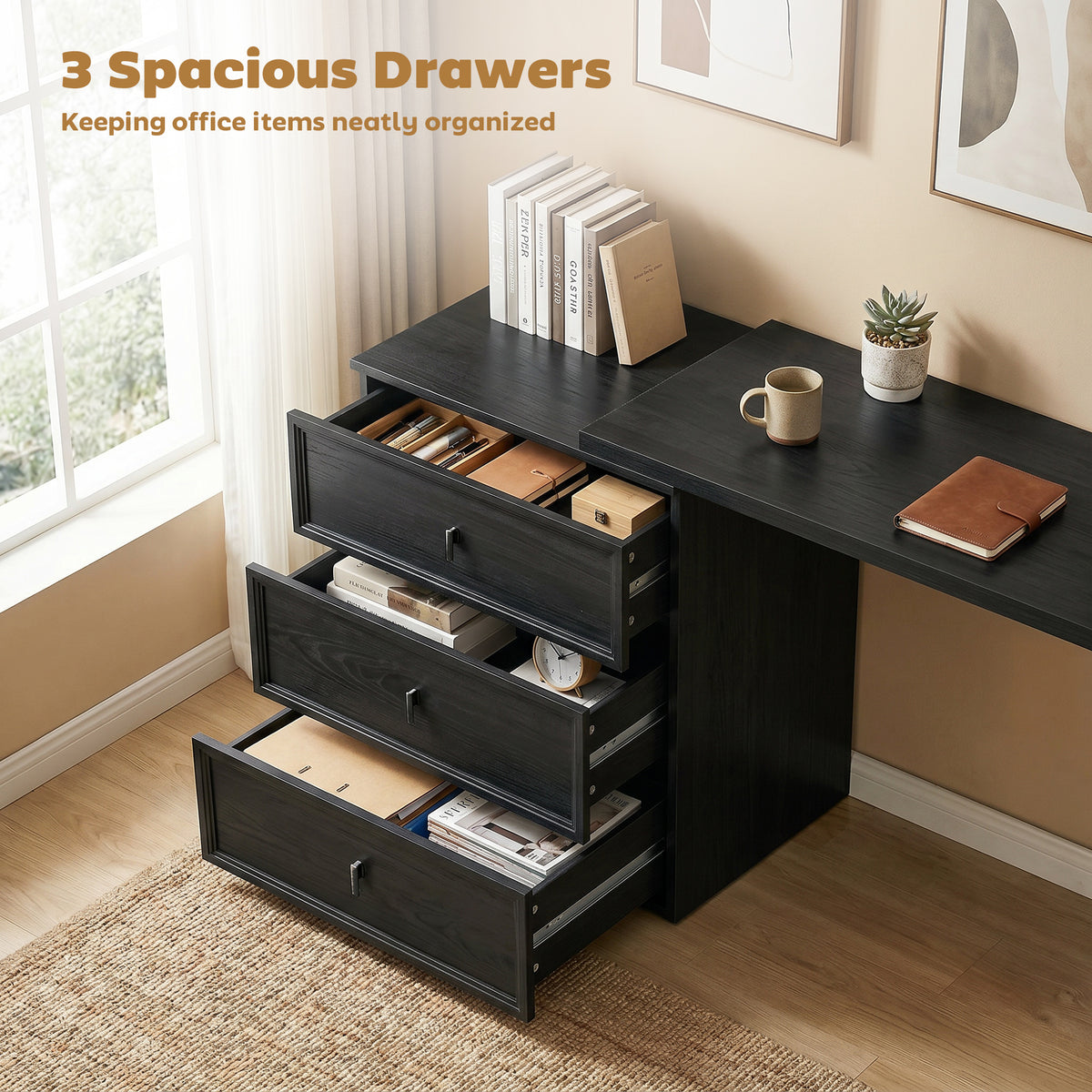 L-Shaped Reversible Computer Desk with 3 Drawers - Black-Office Products > Office Furniture > Office Desks & Work Stations > Computer Desks-DECOROLALA