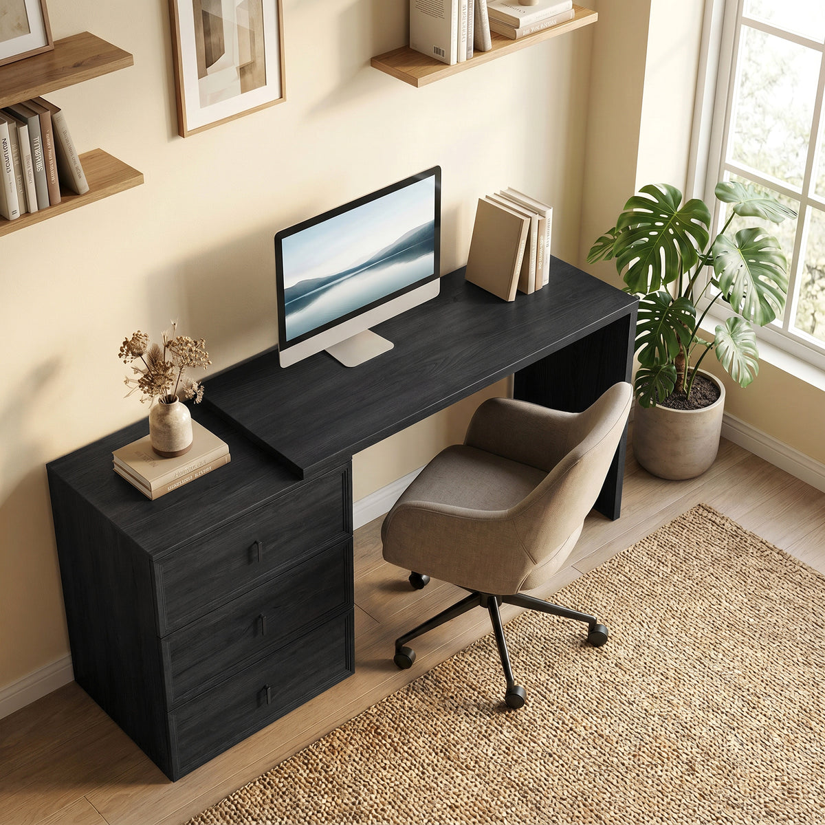 L-Shaped Reversible Computer Desk with 3 Drawers - Black-Office Products > Office Furniture > Office Desks & Work Stations > Computer Desks-DECOROLALA