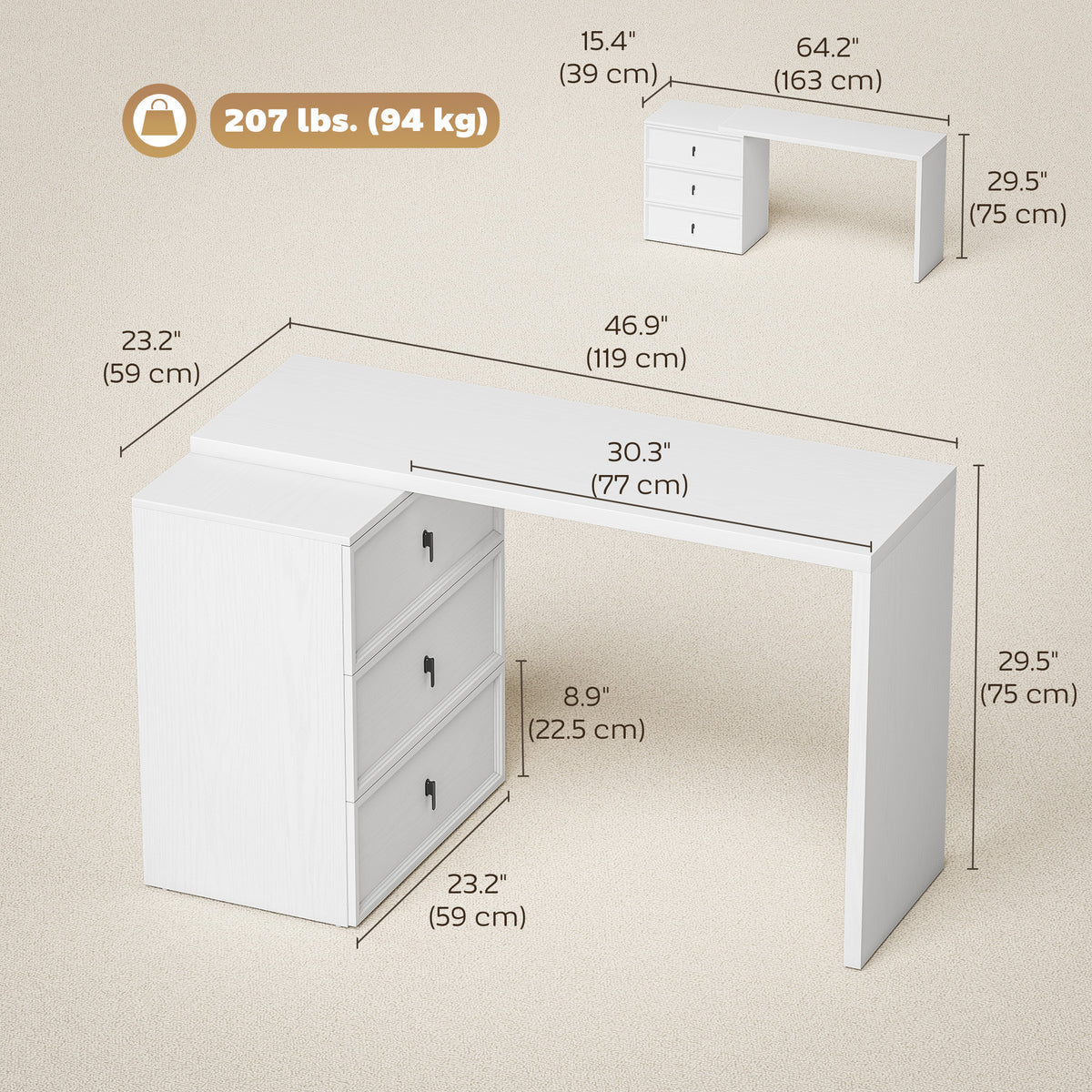 L-Shaped Reversible Computer Desk with 3 Drawers - White-Office Products > Office Furniture > Office Desks & Work Stations > Computer Desks-DECOROLALA