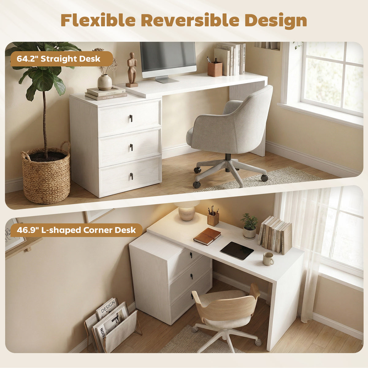 L-Shaped Reversible Computer Desk with 3 Drawers - White-Office Products > Office Furniture > Office Desks & Work Stations > Computer Desks-DECOROLALA