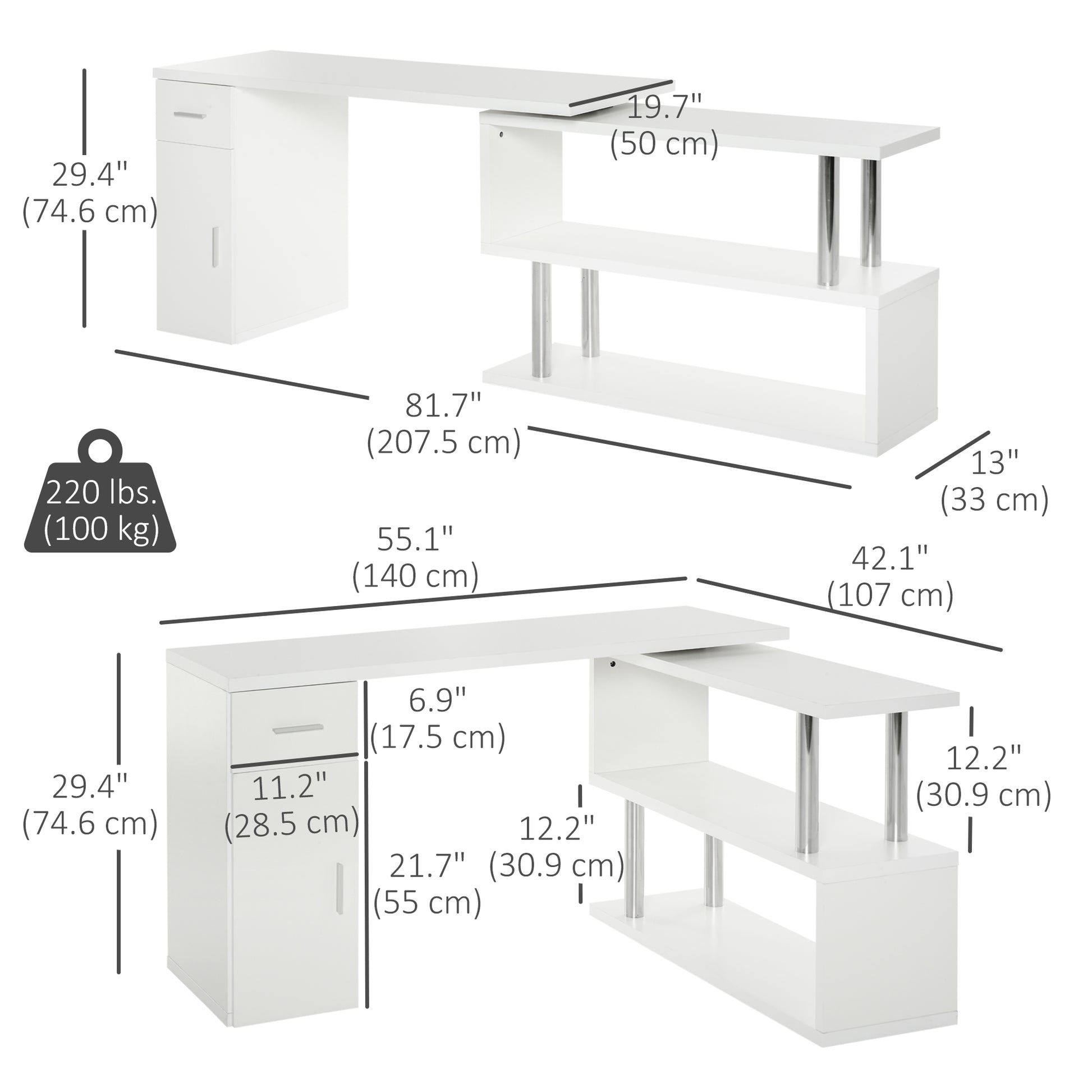 L-Shaped Rotating Computer Desk - White-DECOROLALA