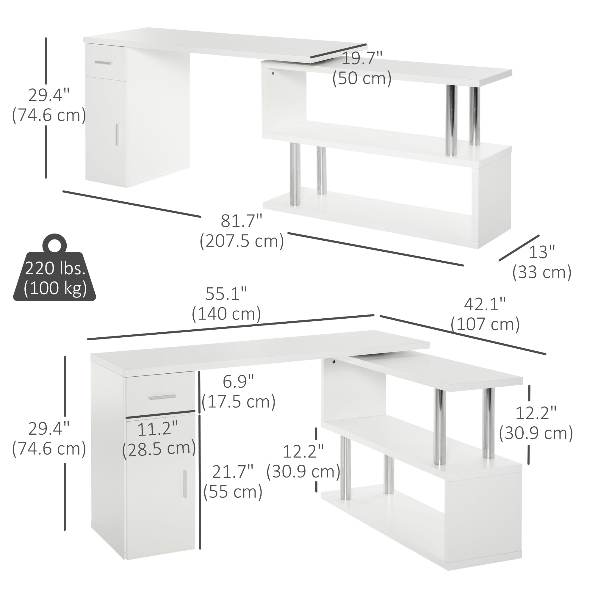 L-Shaped Rotating Computer Desk - White-DECOROLALA