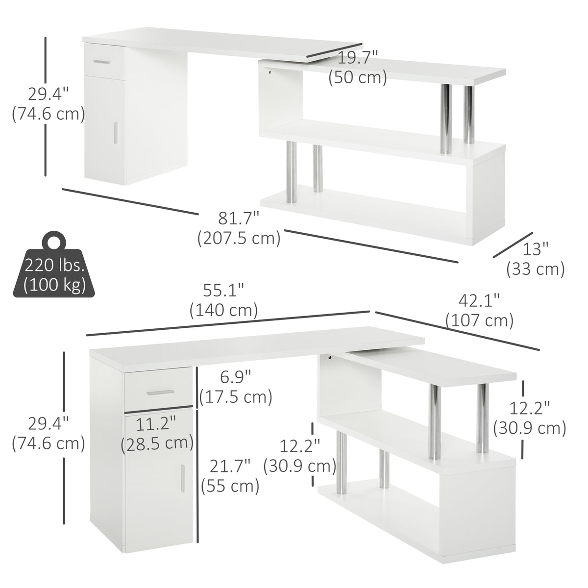 L-Shaped Rotating Computer Desk - White-DECOROLALA