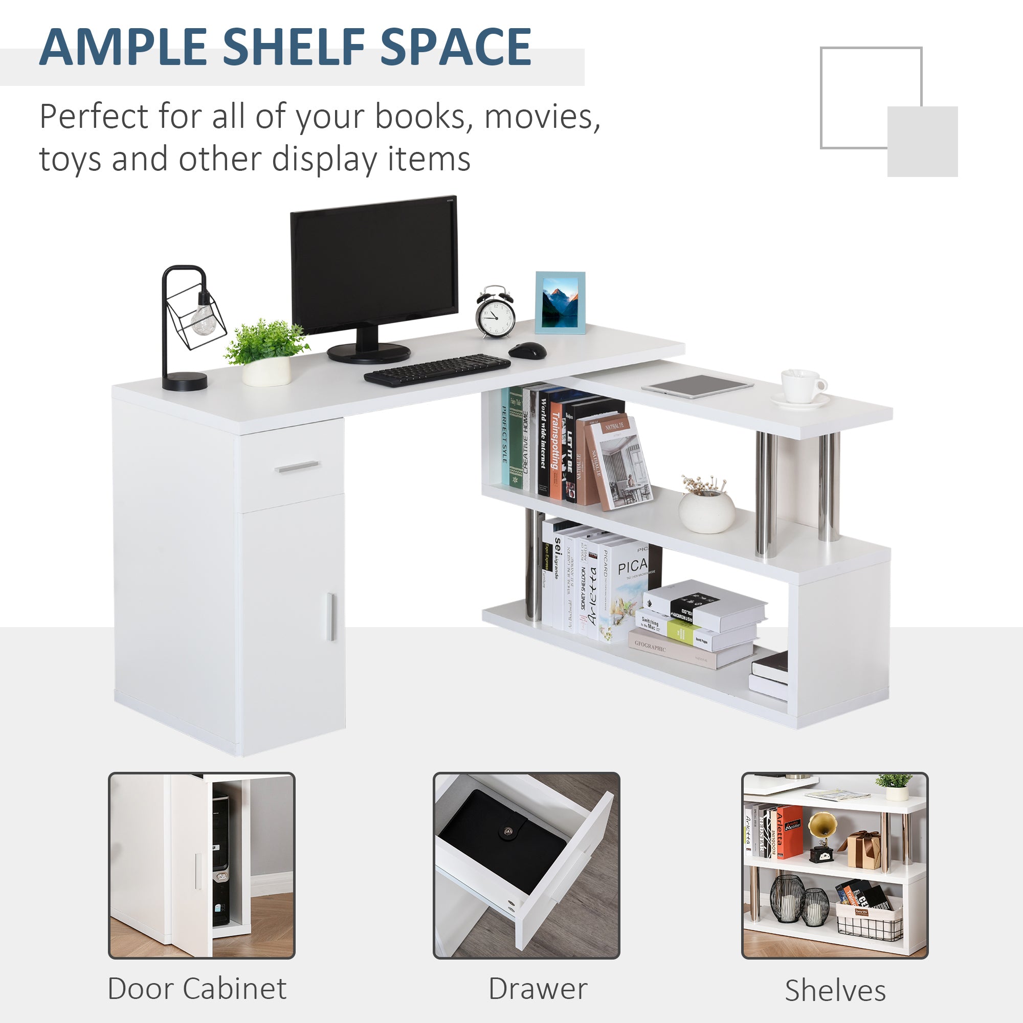 L-Shaped Rotating Computer Desk - White-DECOROLALA