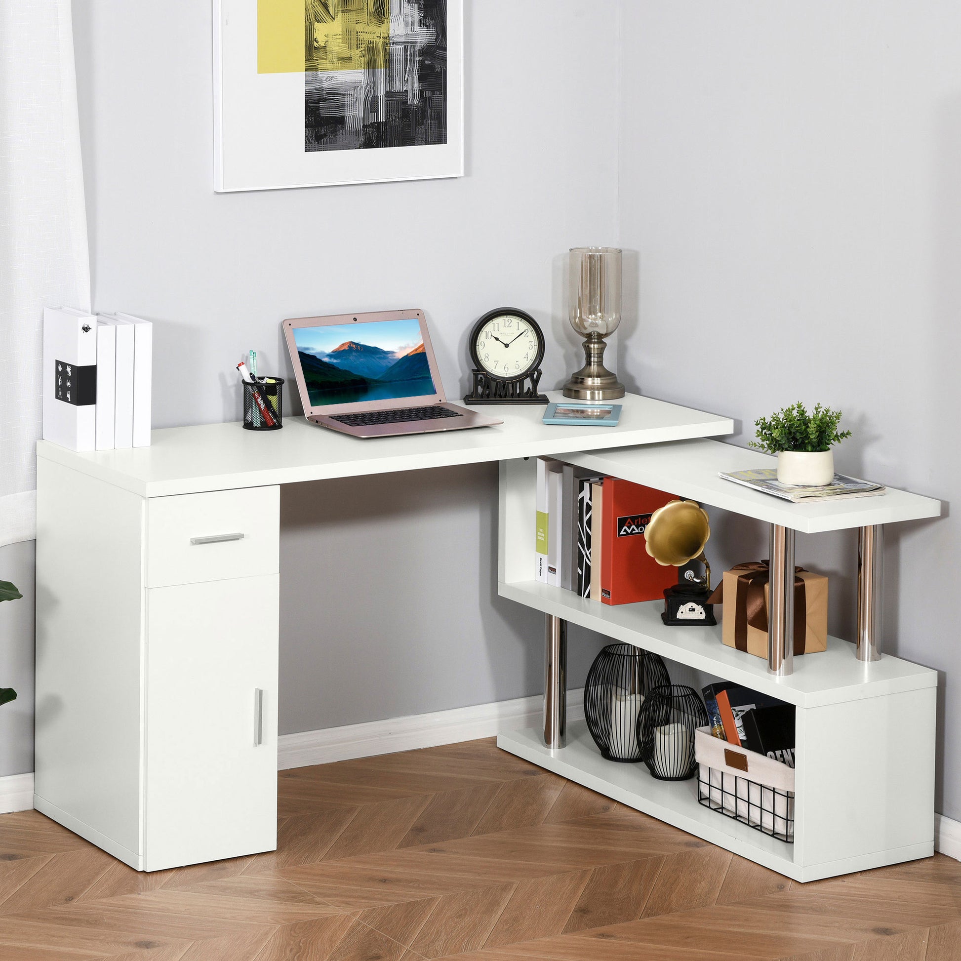 L-Shaped Rotating Computer Desk - White-DECOROLALA