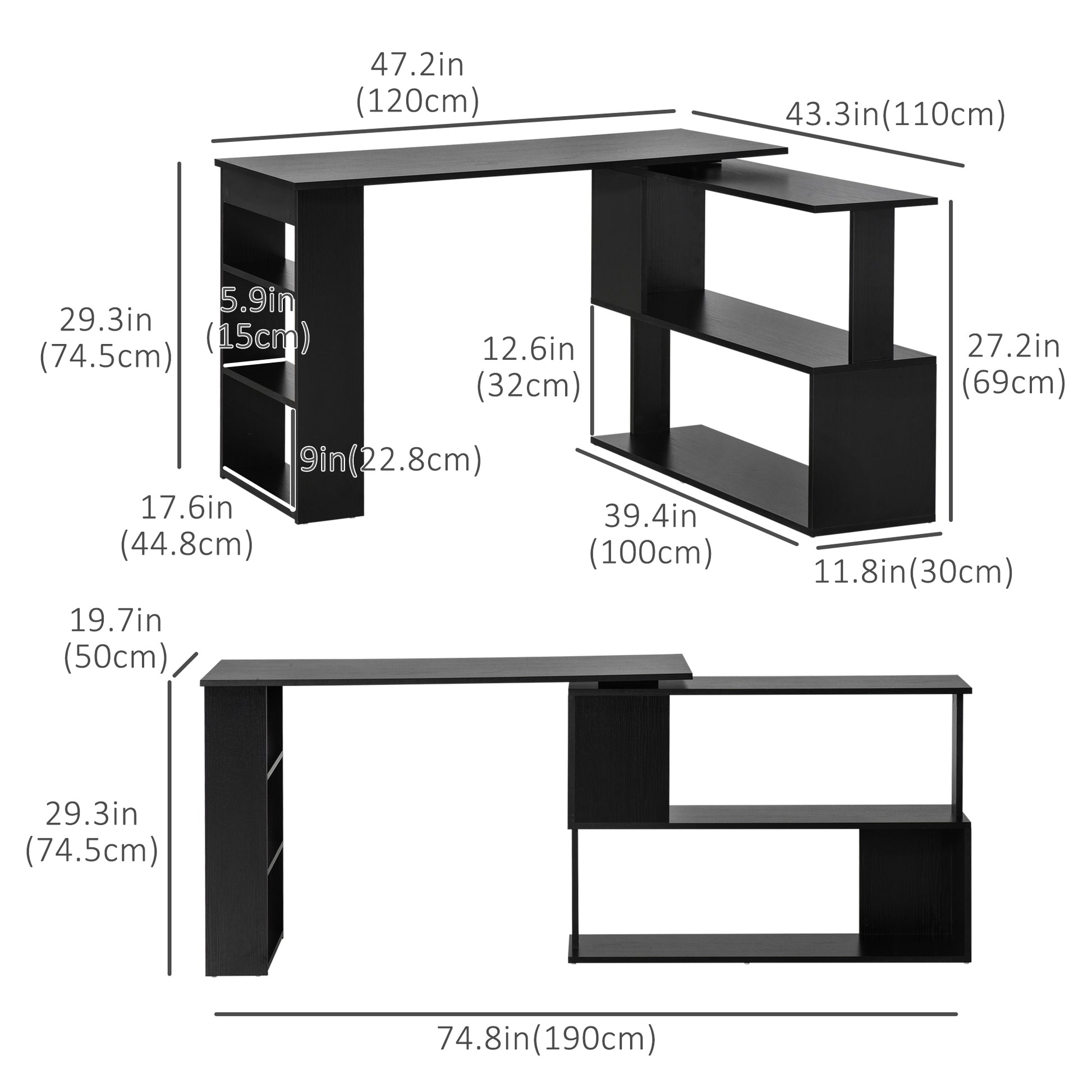 L-Shaped Rotating Desk with Storage Shelves - Black-Office Products > Office Furniture > Office Desks & Work Stations > Writing Desks-DECOROLALA