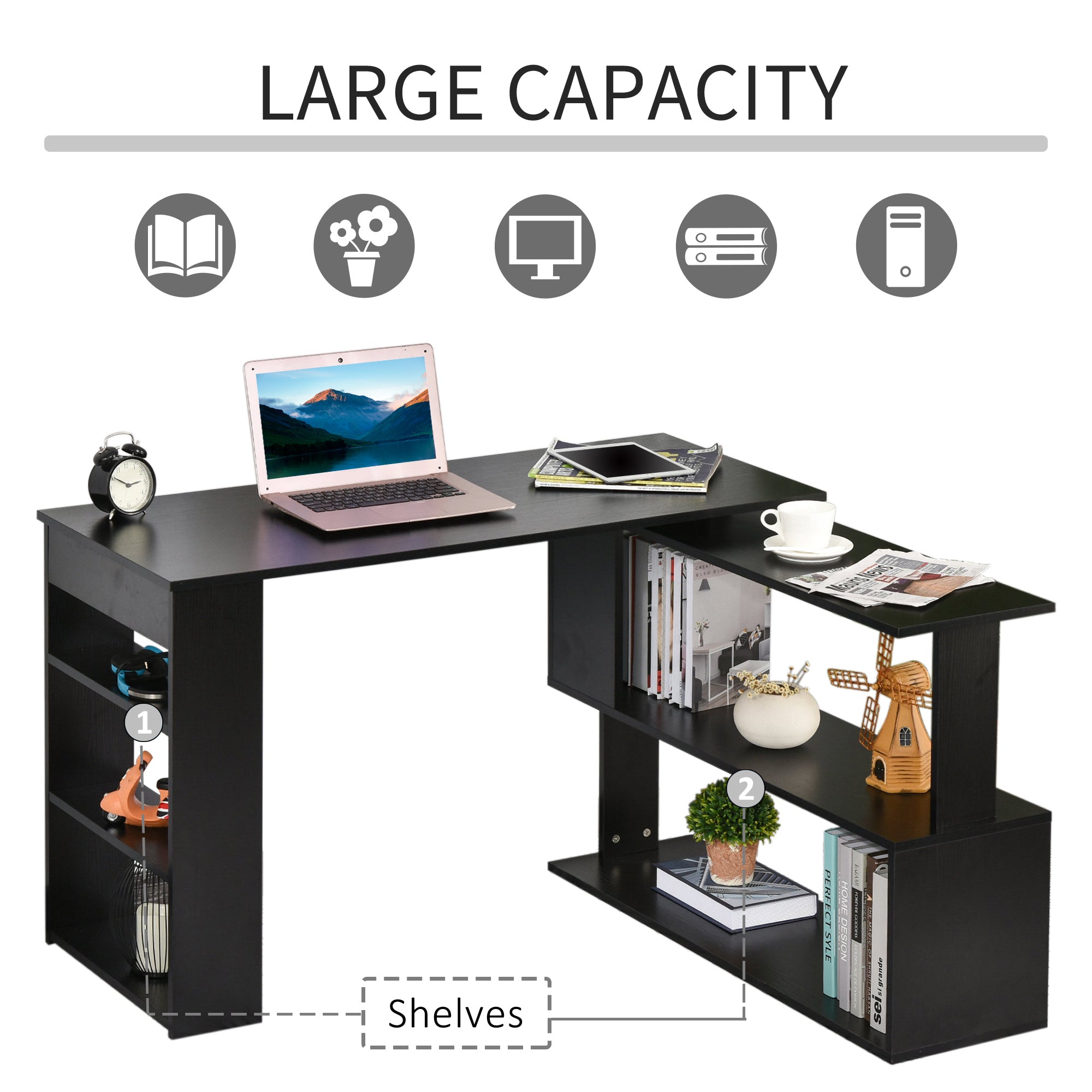 L-Shaped Rotating Desk with Storage Shelves - Black-Office Products > Office Furniture > Office Desks & Work Stations > Writing Desks-DECOROLALA