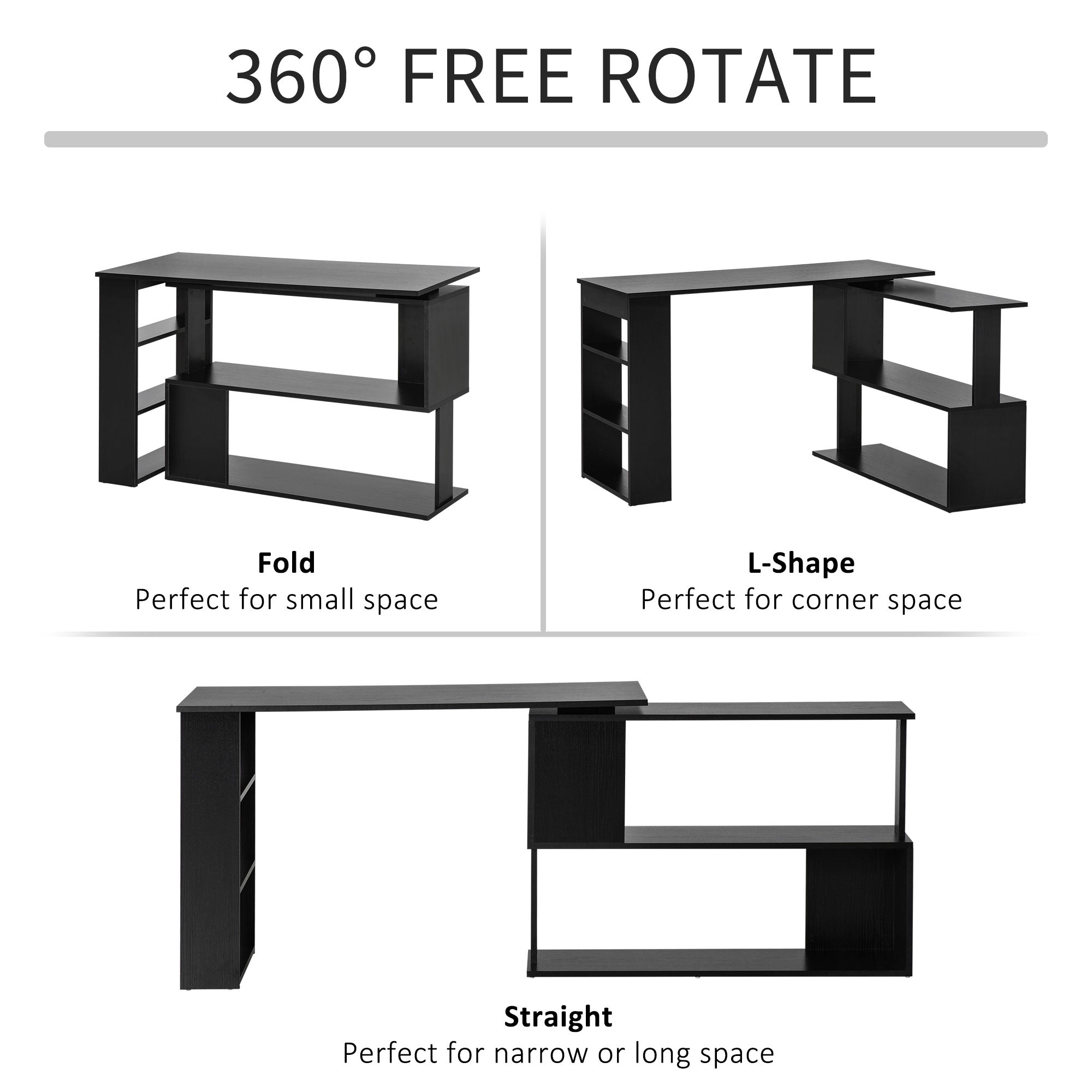 L-Shaped Rotating Desk with Storage Shelves - Black-Office Products > Office Furniture > Office Desks & Work Stations > Writing Desks-DECOROLALA