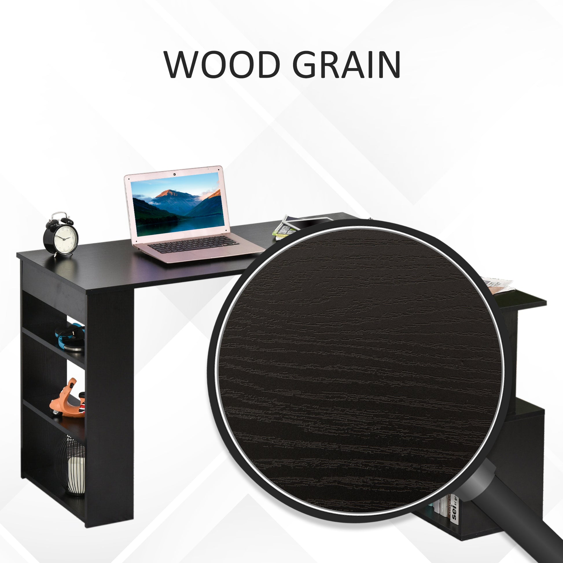L-Shaped Rotating Desk with Storage Shelves - Black-Office Products > Office Furniture > Office Desks & Work Stations > Writing Desks-DECOROLALA