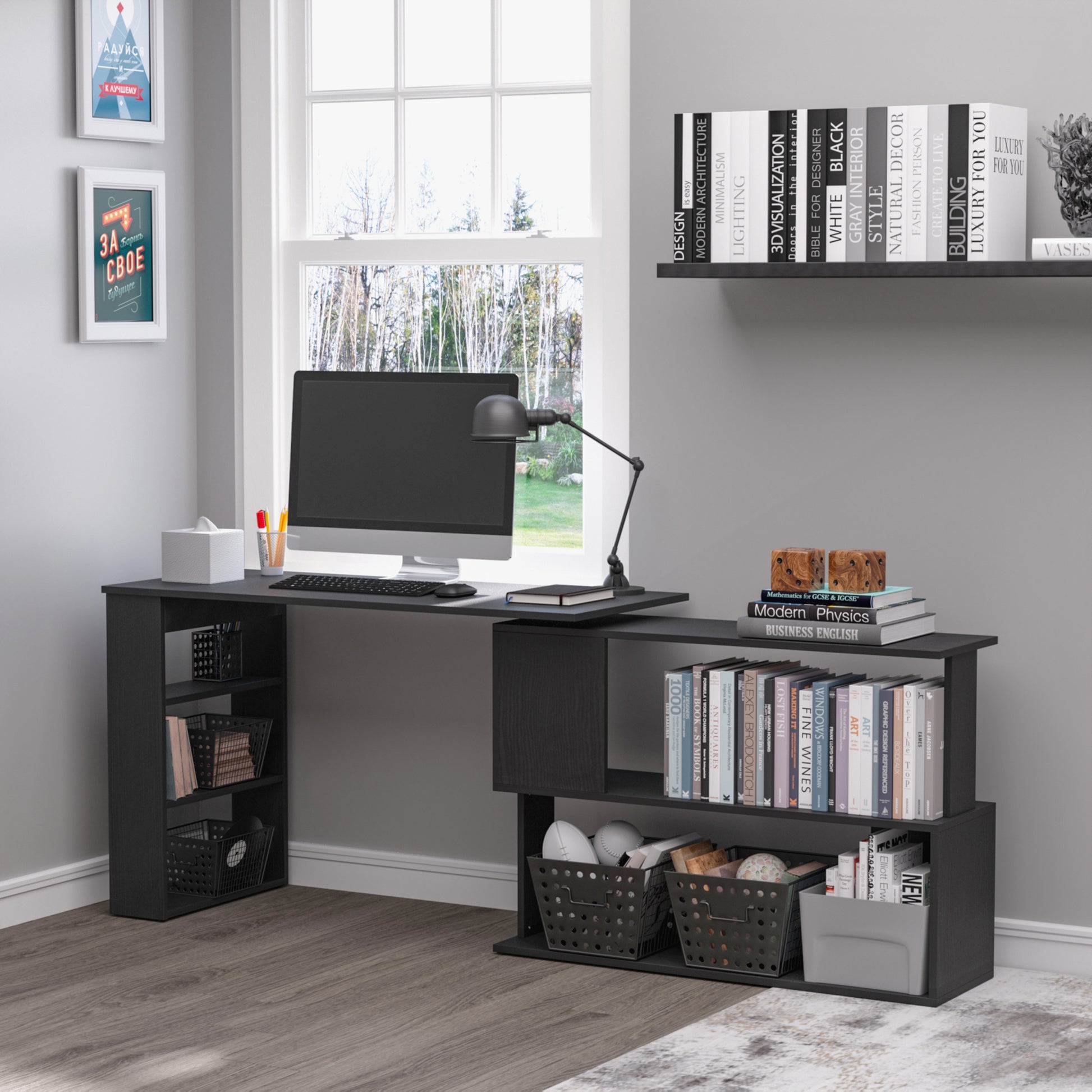 L-Shaped Rotating Desk with Storage Shelves - Black-Office Products > Office Furniture > Office Desks & Work Stations > Writing Desks-DECOROLALA