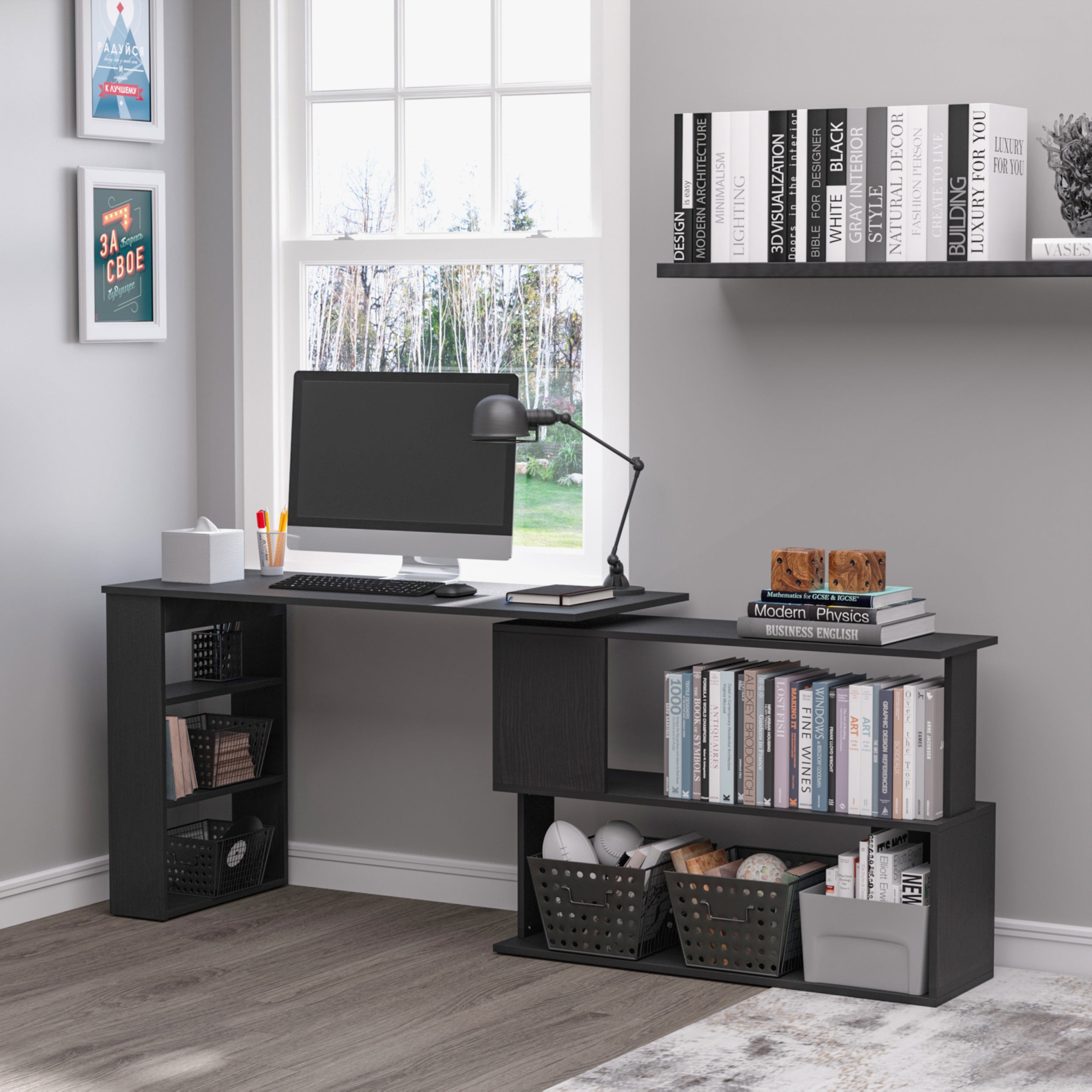 L-Shaped Rotating Desk with Storage Shelves - Black-Office Products > Office Furniture > Office Desks & Work Stations > Writing Desks-DECOROLALA