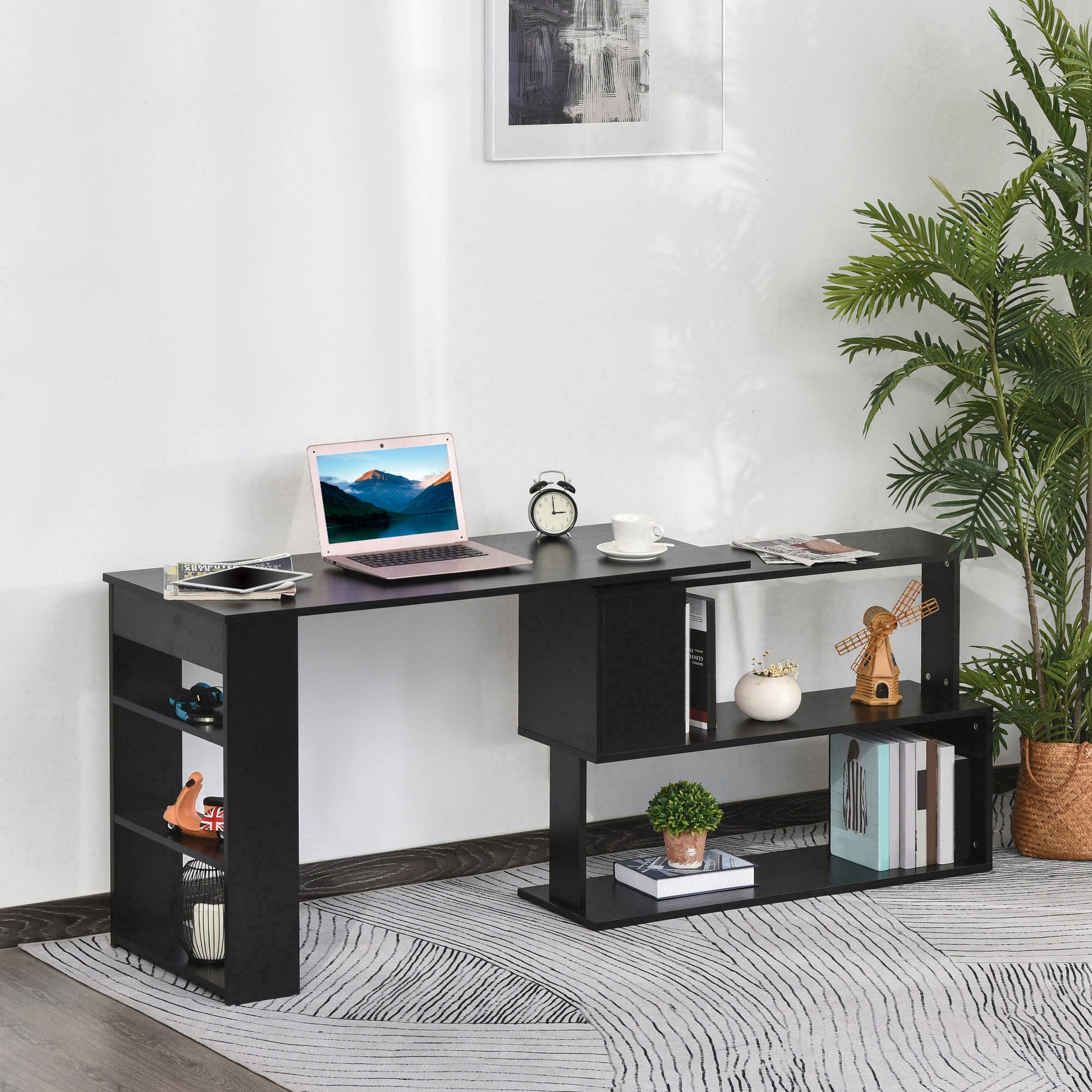 L-Shaped Rotating Desk with Storage Shelves - Black-Office Products > Office Furniture > Office Desks & Work Stations > Writing Desks-DECOROLALA