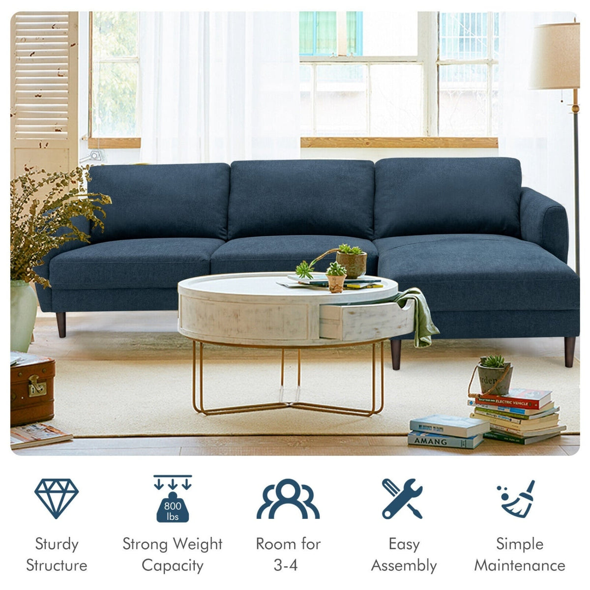 L-Shaped Sectional Fabric Sofa with Chaise - Navy 104"-Sofas & Loveseats-DECOROLALA