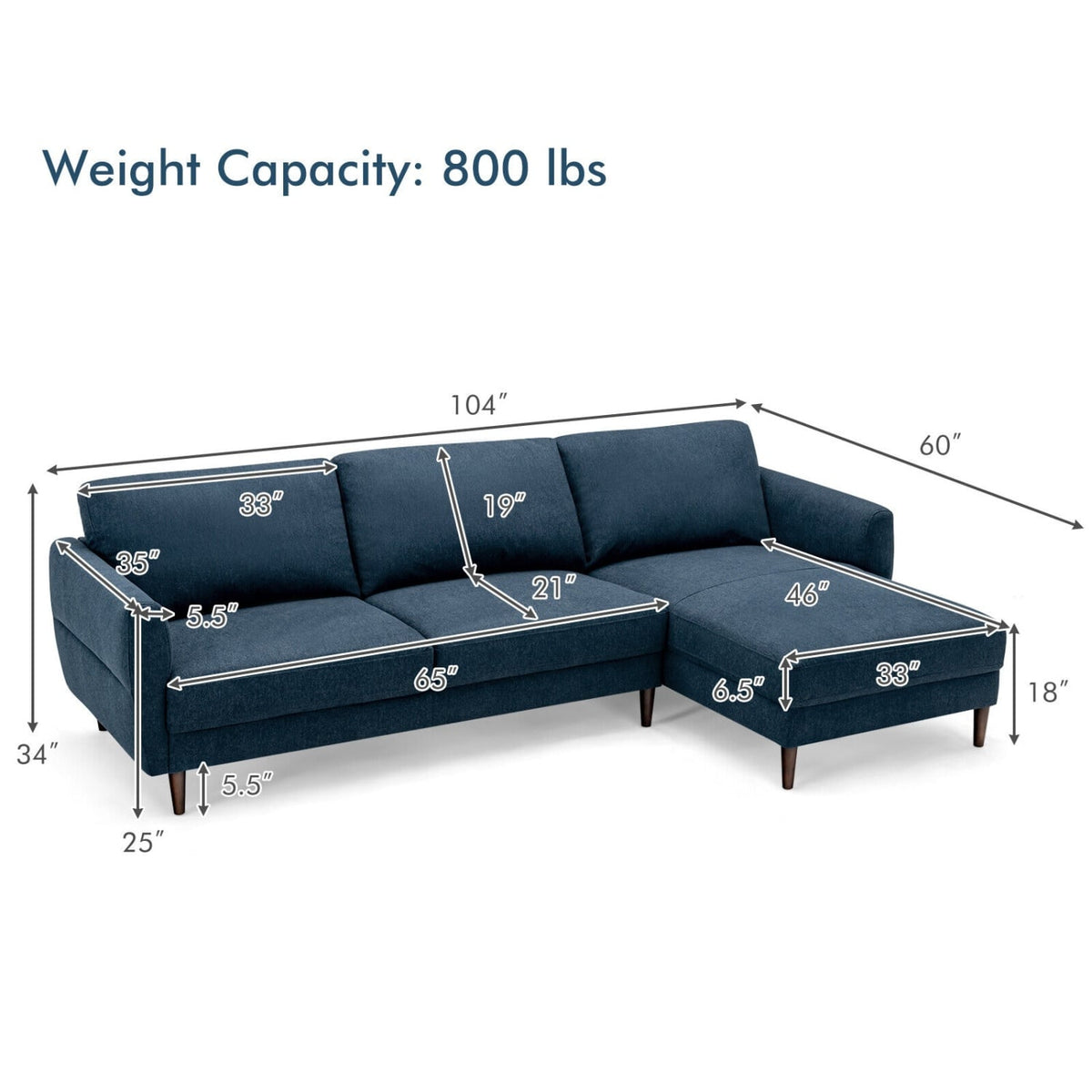 L-Shaped Sectional Fabric Sofa with Chaise - Navy 104"-Sofas & Loveseats-DECOROLALA