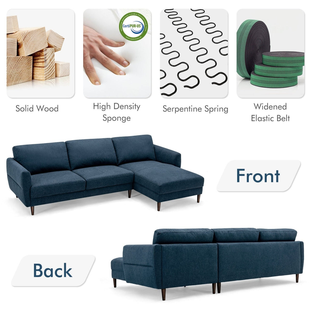 L-Shaped Sectional Fabric Sofa with Chaise - Navy 104"-Sofas & Loveseats-DECOROLALA